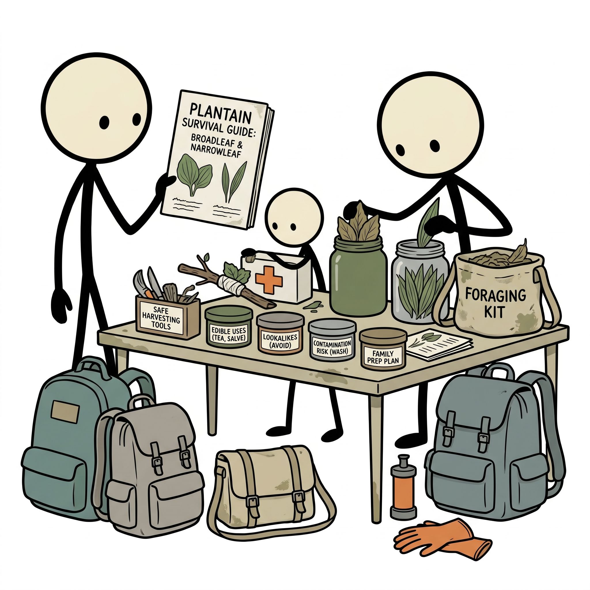 SC-style illustration for A practical survival-foraging article on broadleaf plantain weed and narrowleaf plantain: identification, safe harvesting, edible uses, field poultice basics, lookalikes, contamination risks, and how it fits a family preparedness plan.