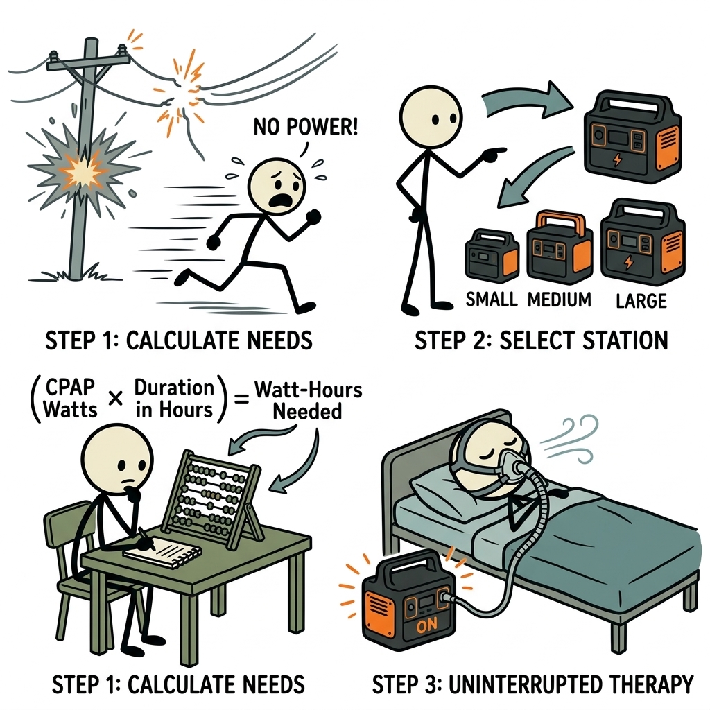 SC-style illustration for An emergency preparedness guide on calculating power needs and selecting the right portable power station to maintain uninterrupted CPAP therapy during extended grid outages.