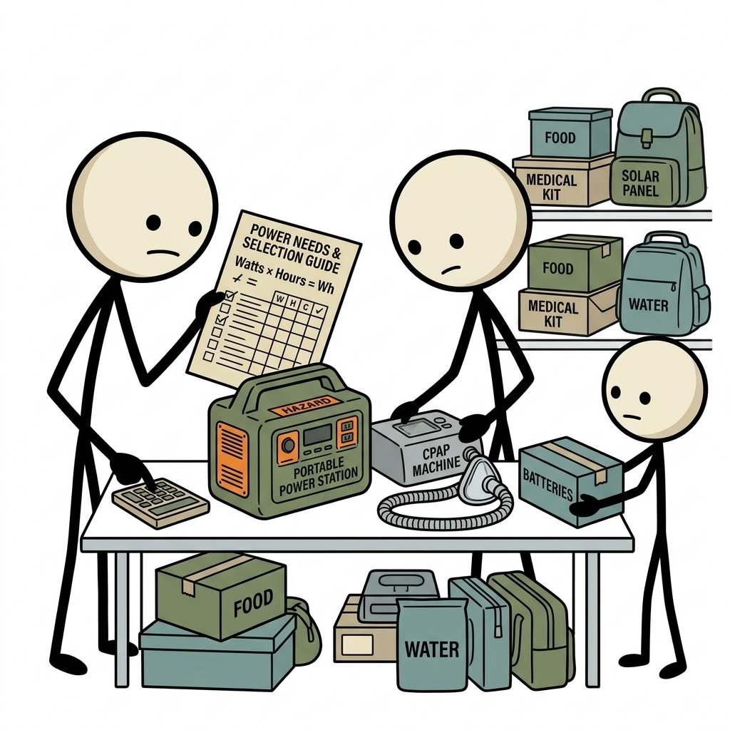 SC-style illustration for An emergency preparedness guide on calculating power needs and selecting the right portable power station to maintain uninterrupted CPAP therapy during extended grid outages.