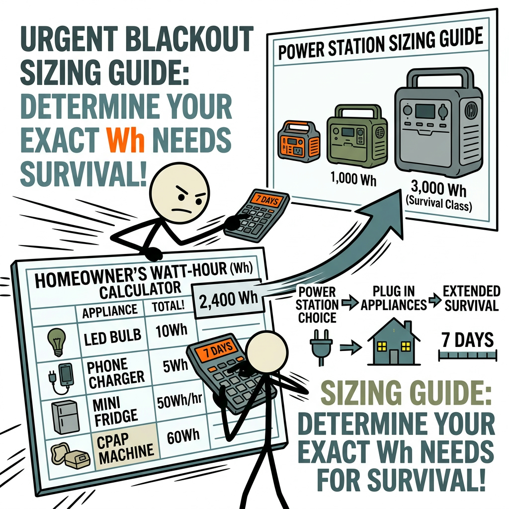 SC-style illustration for A practical calculation and sizing guide to help homeowners determine their exact watt-hour requirements and choose the right portable power station for extended blackout survival.