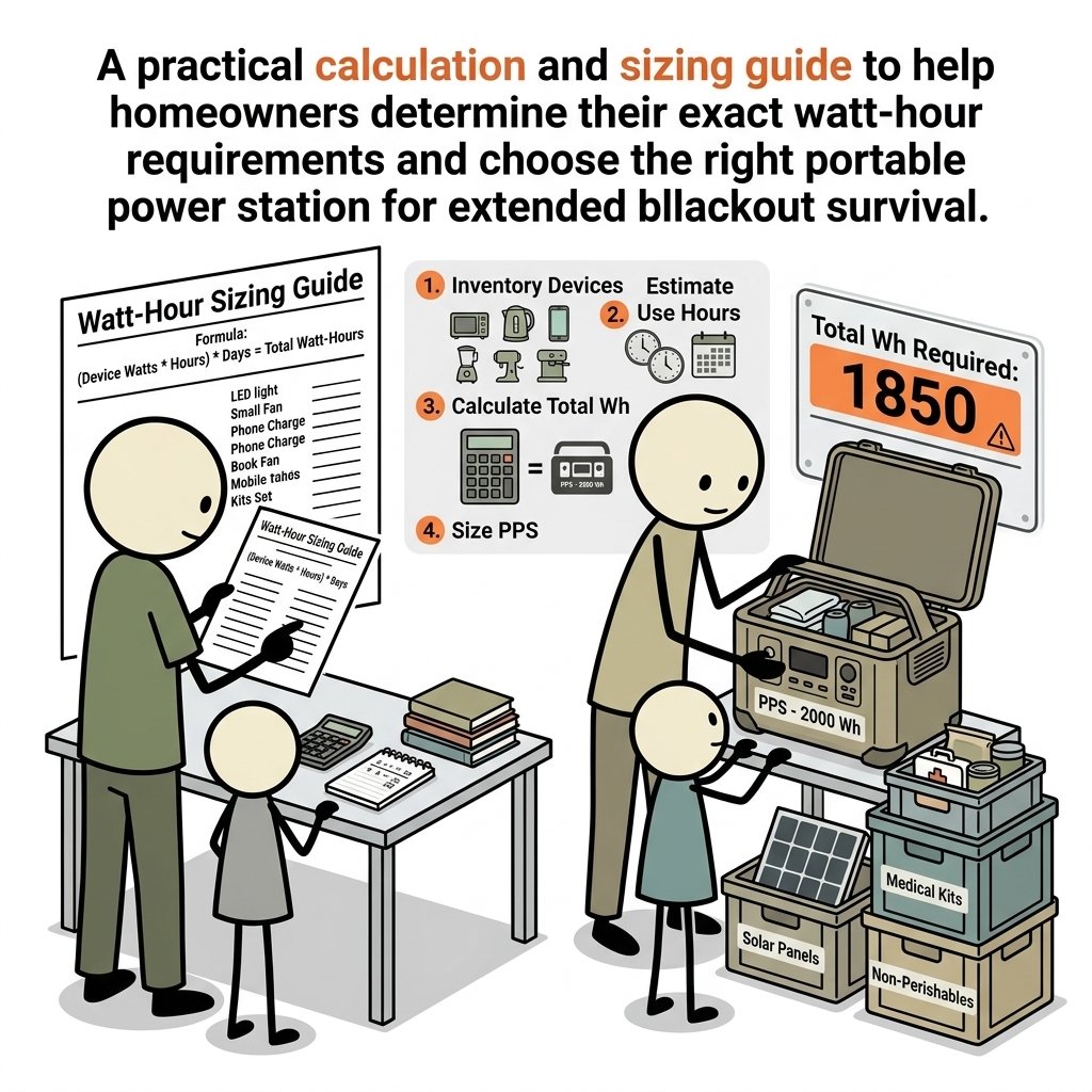 SC-style illustration for A practical calculation and sizing guide to help homeowners determine their exact watt-hour requirements and choose the right portable power station for extended blackout survival.