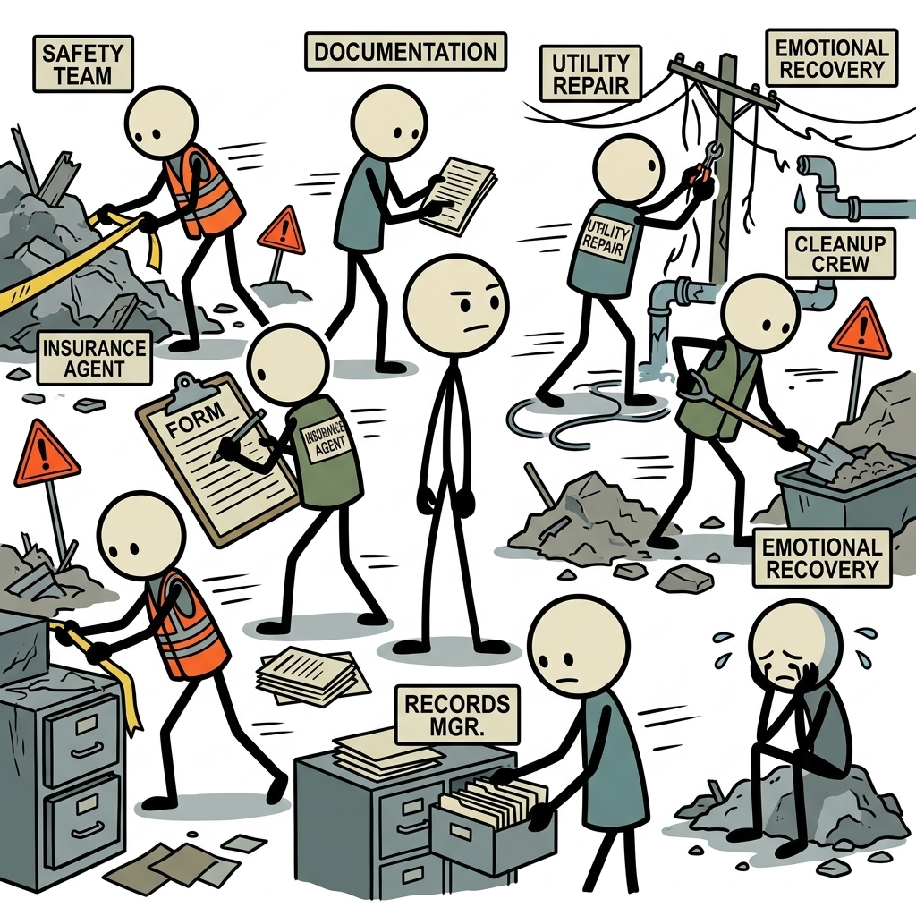 SC-style illustration for Cover safety, documentation, insurance, utilities, cleanup, records, and emotional recovery after an event.