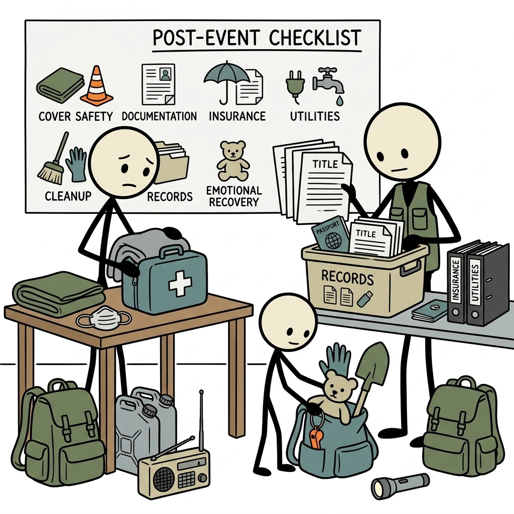 SC-style illustration for Cover safety, documentation, insurance, utilities, cleanup, records, and emotional recovery after an event.