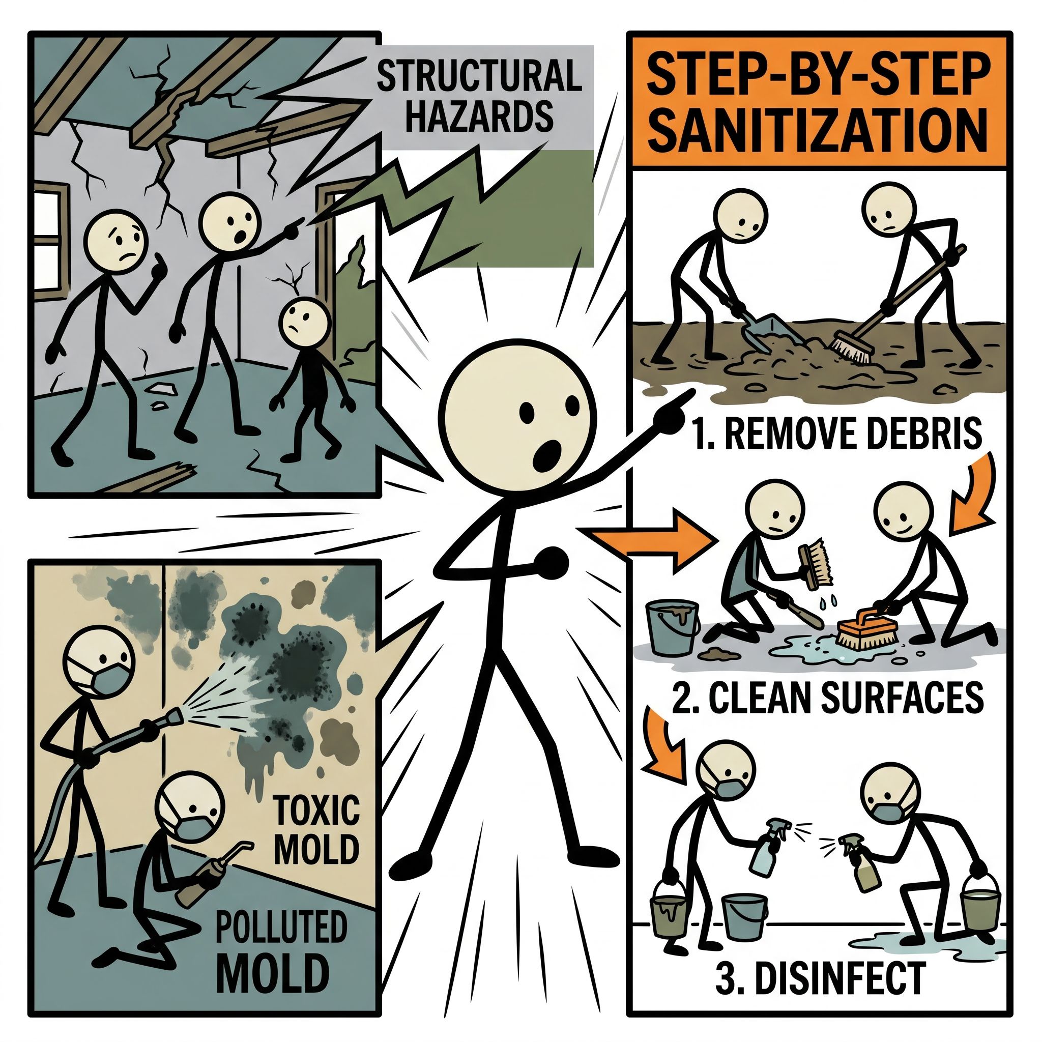 SC-style illustration for A comprehensive survival guide to safely reclaiming your home after a flood, focusing on identifying structural hazards, preventing toxic mold growth, and executing a step-by-step sanitization protocol.