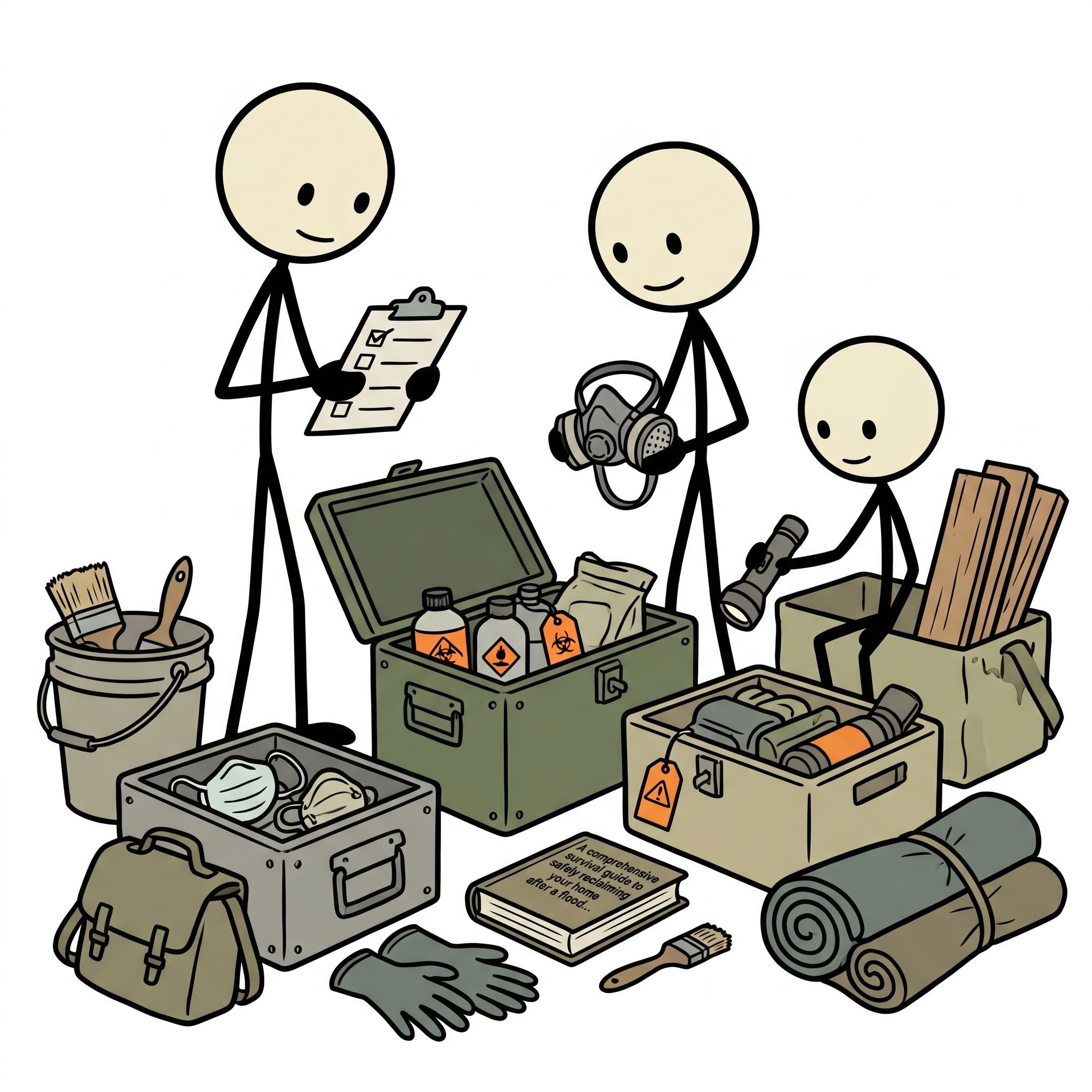 SC-style illustration for A comprehensive survival guide to safely reclaiming your home after a flood, focusing on identifying structural hazards, preventing toxic mold growth, and executing a step-by-step sanitization protocol.