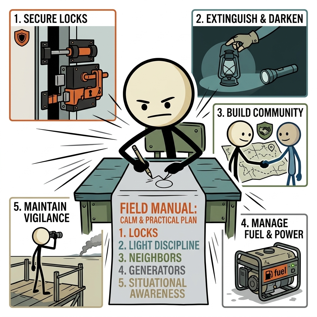 SC-style illustration for Create a calm, practical plan for locks, light discipline, neighbors, generators, and situational awareness.