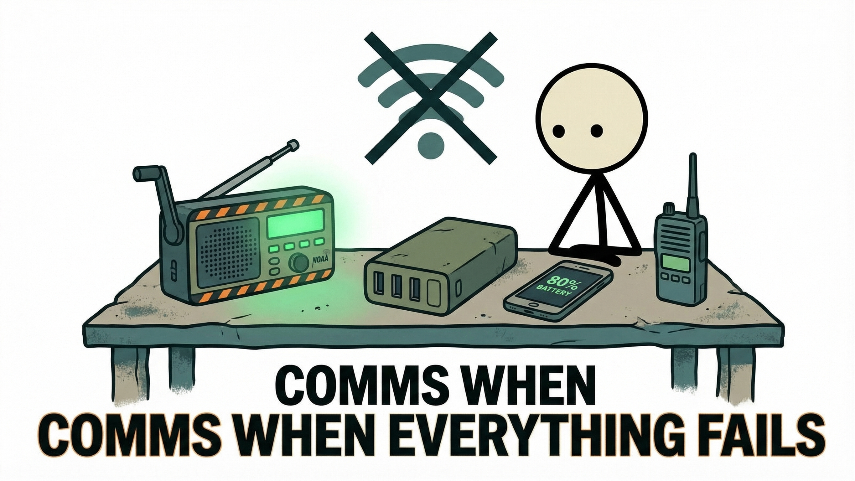 Stick figure with emergency radio and power bank during outage