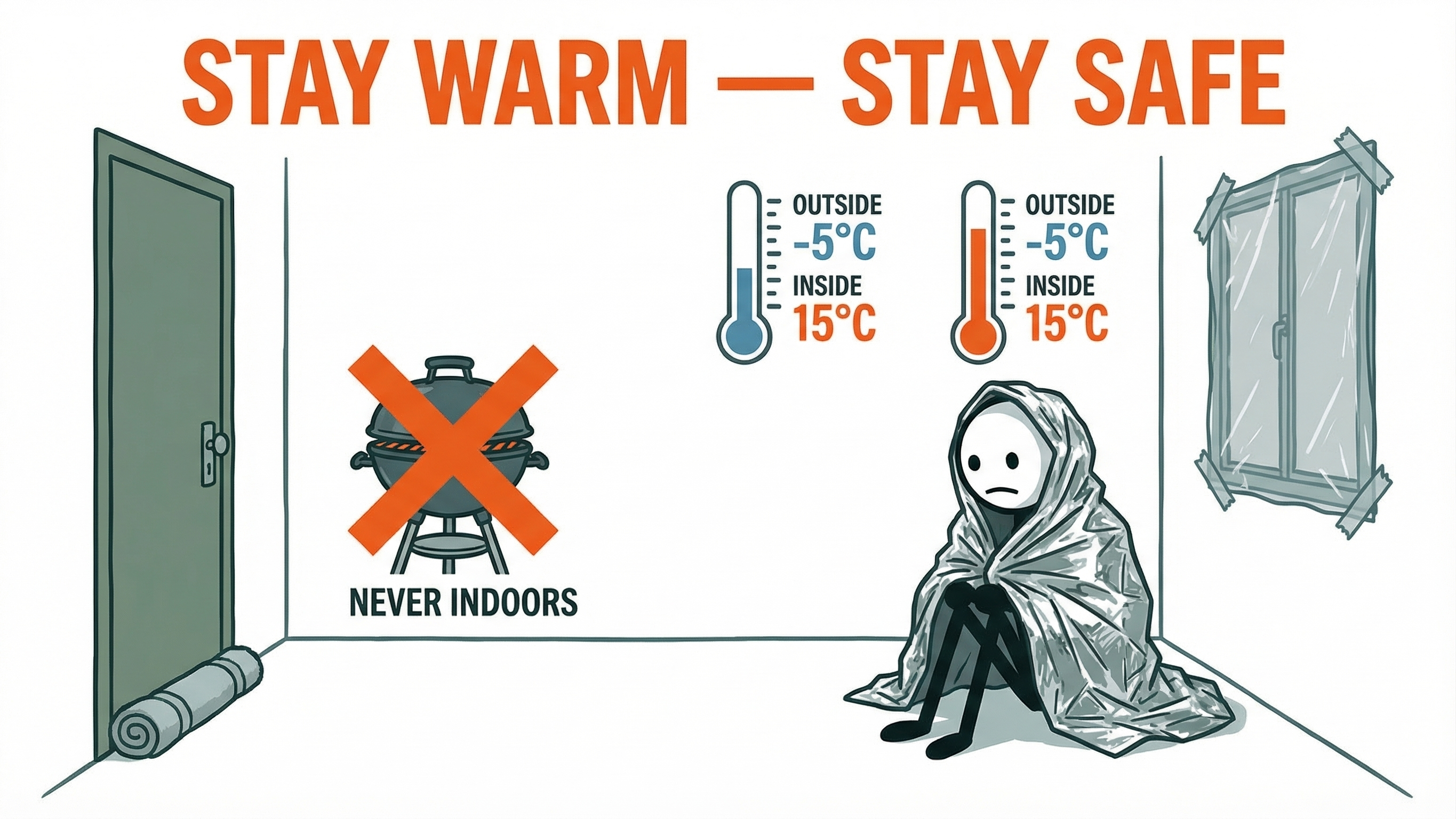 Stick figure staying warm during winter power outage