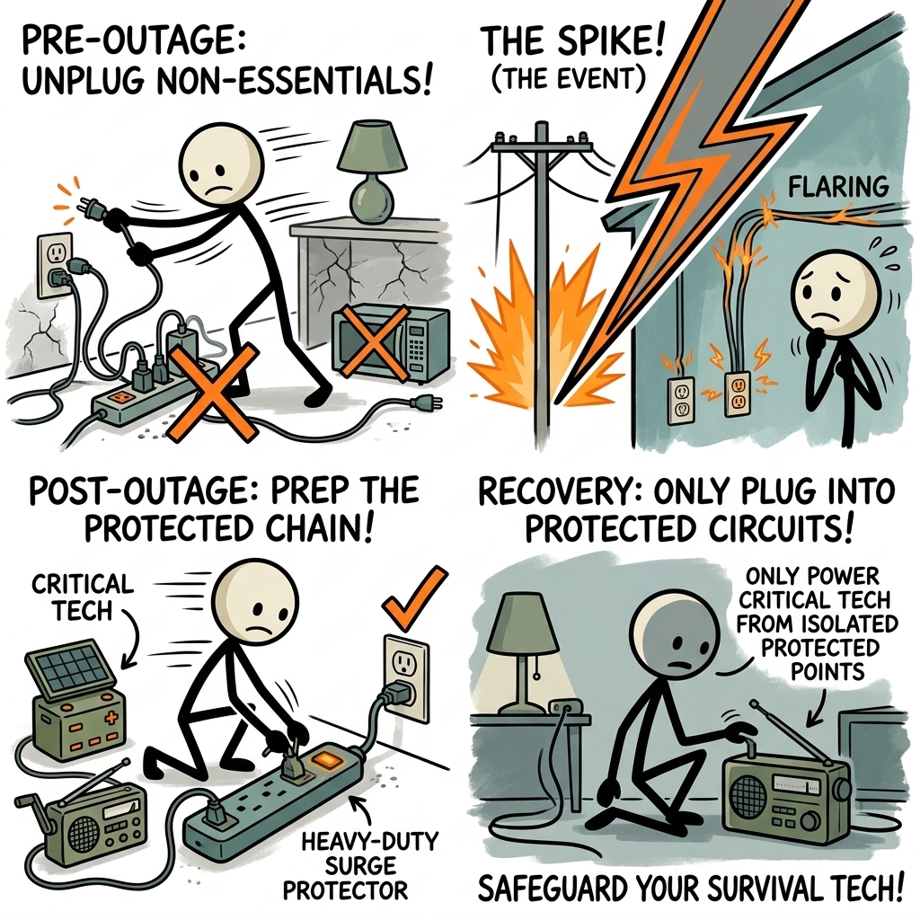 SC-style illustration for A comprehensive preparedness guide on safeguarding critical household electronics, communications gear, and survival tech against destructive voltage spikes occurring immediately before and after power outages.