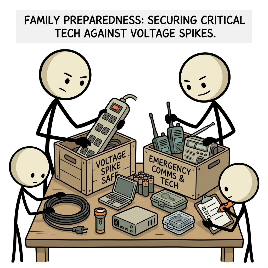 SC-style illustration for A comprehensive preparedness guide on safeguarding critical household electronics, communications gear, and survival tech against destructive voltage spikes occurring immediately before and after power outages.