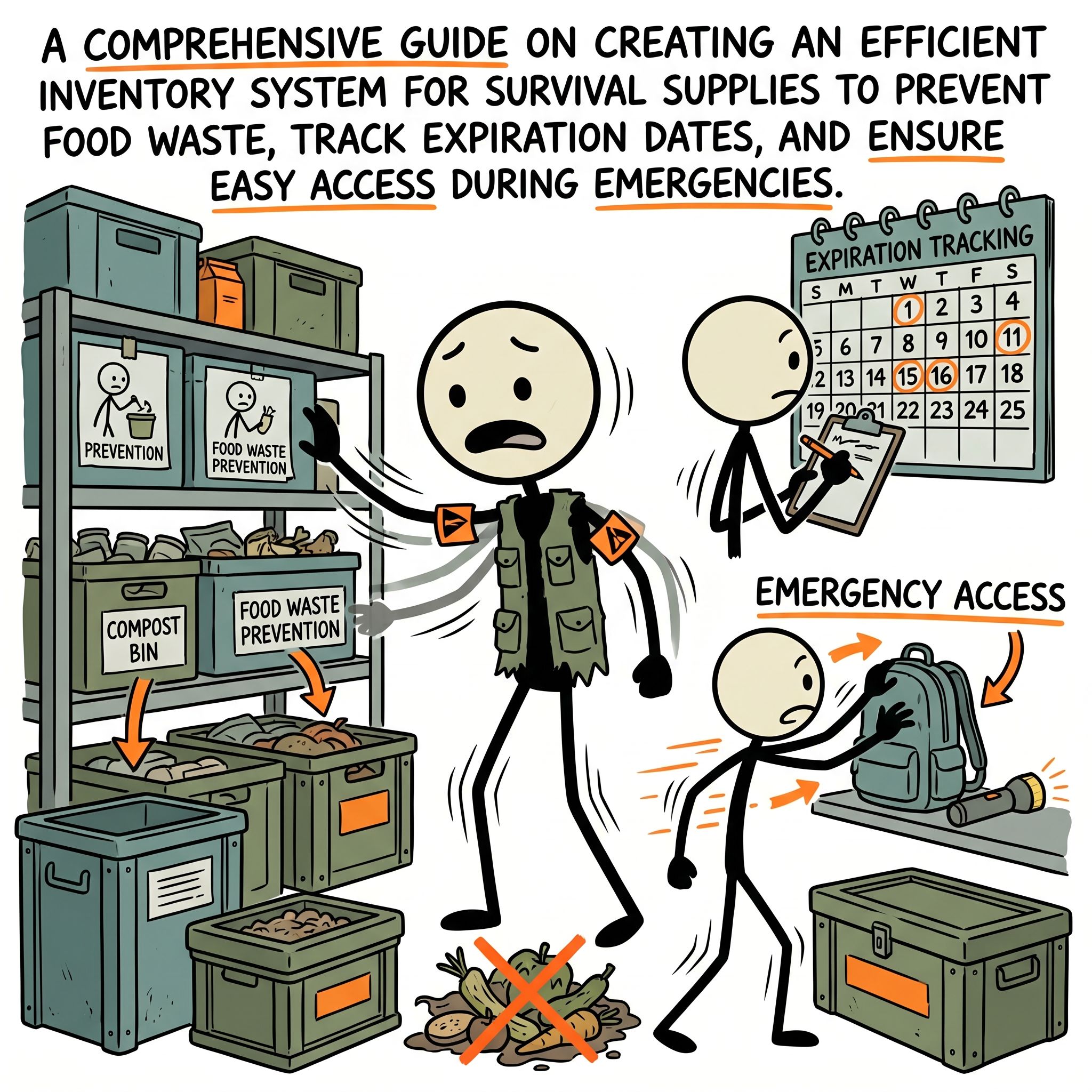 SC-style illustration for A comprehensive guide on creating an efficient inventory system for survival supplies to prevent food waste, track expiration dates, and ensure easy access during emergencies.