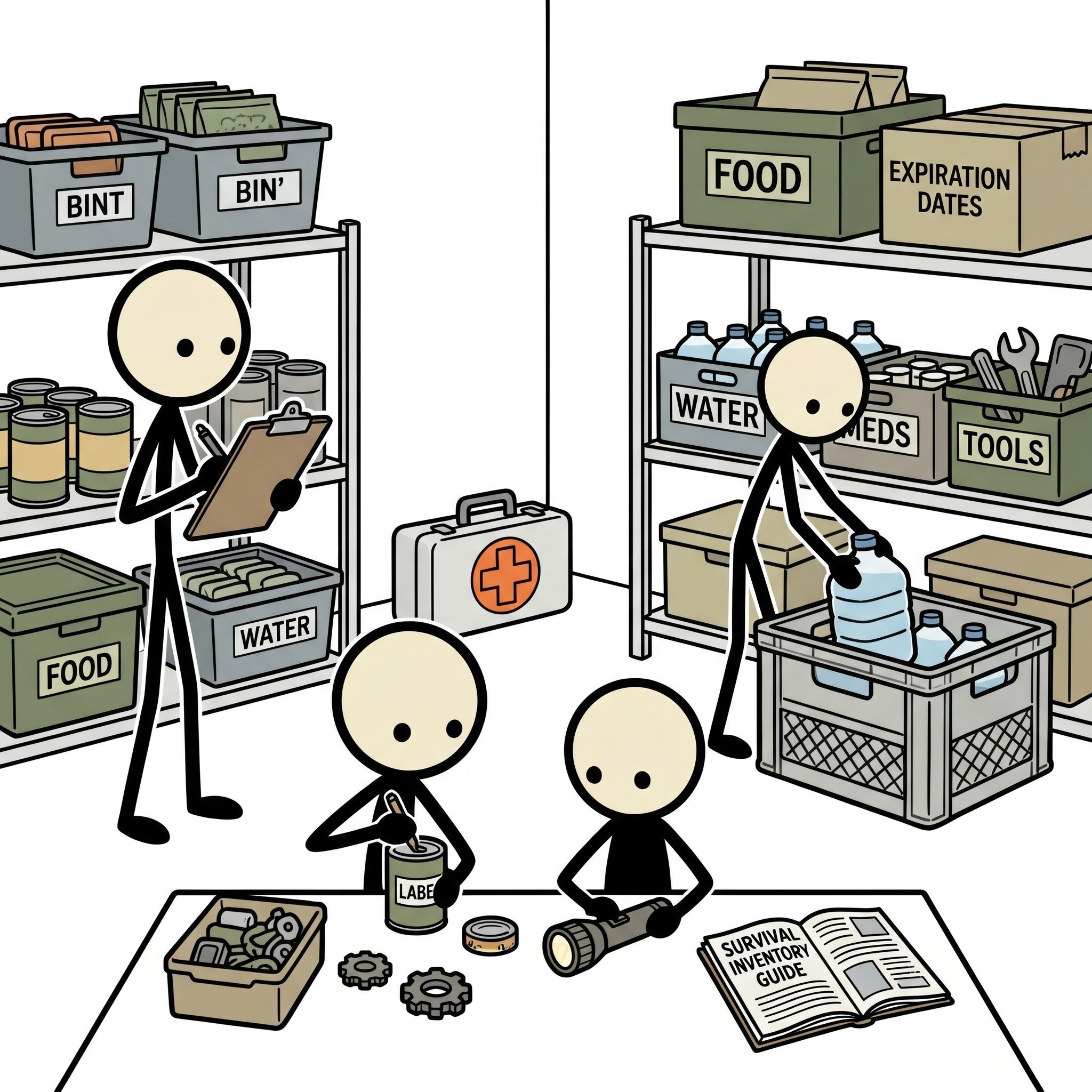 SC-style illustration for A comprehensive guide on creating an efficient inventory system for survival supplies to prevent food waste, track expiration dates, and ensure easy access during emergencies.