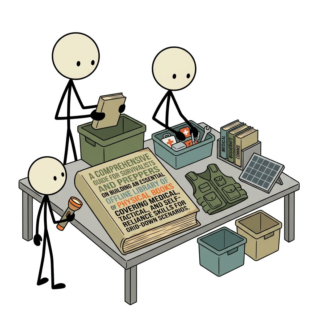 SC-style illustration for A comprehensive guide for survivalists and preppers on building an essential offline library of physical books covering medical, tactical, and self-reliance skills for grid-down scenarios.