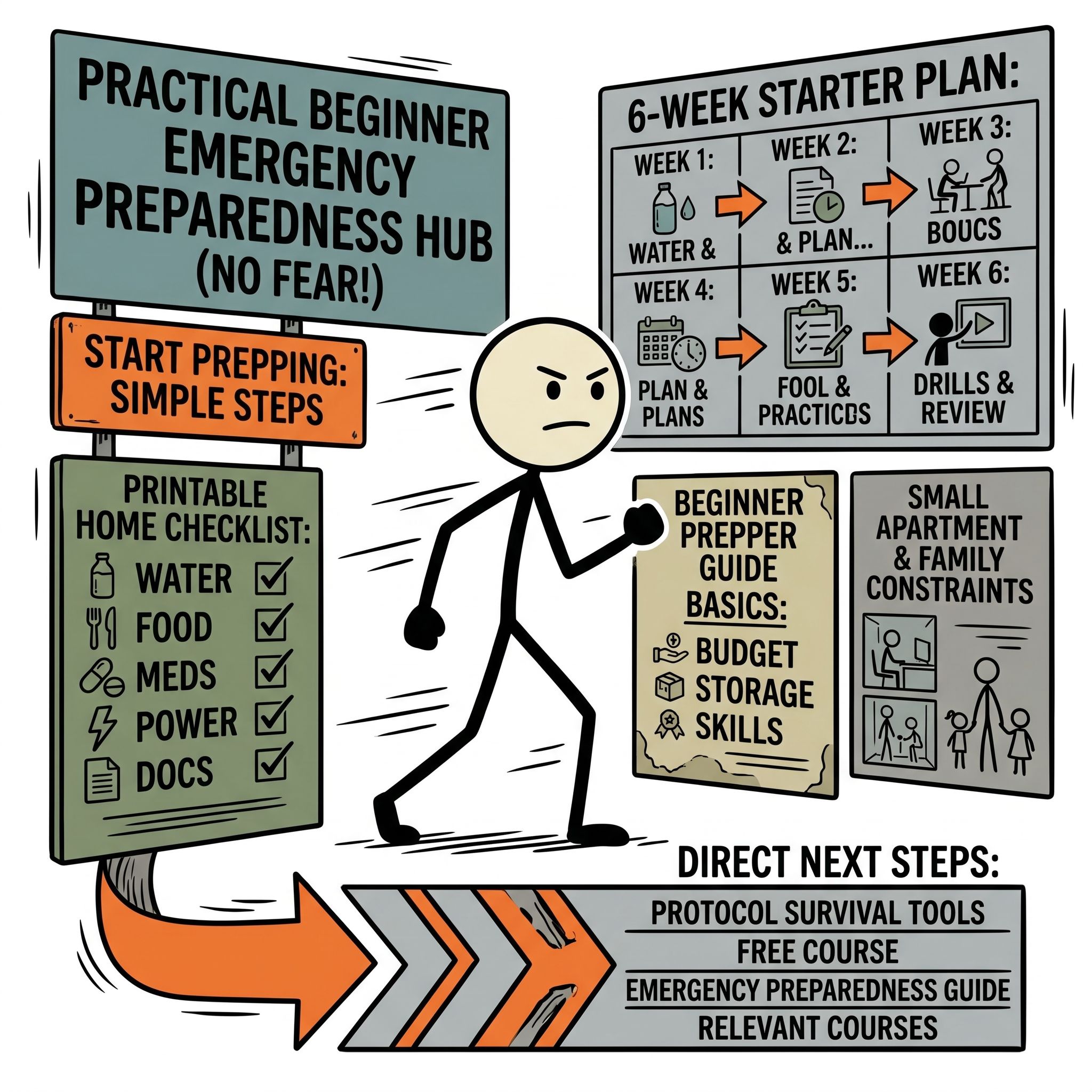 SC-style illustration for A practical beginner emergency preparedness checklist hub for normal families. Explain how to start prepping without fear or fear-based framing. Include a printable home emergency checklist, a 6-week starter plan, beginner prepper guide basics, small apartment and family constraints, and direct next steps into Protocol Survival tools, free course, emergency preparedness guide, and relevant courses.