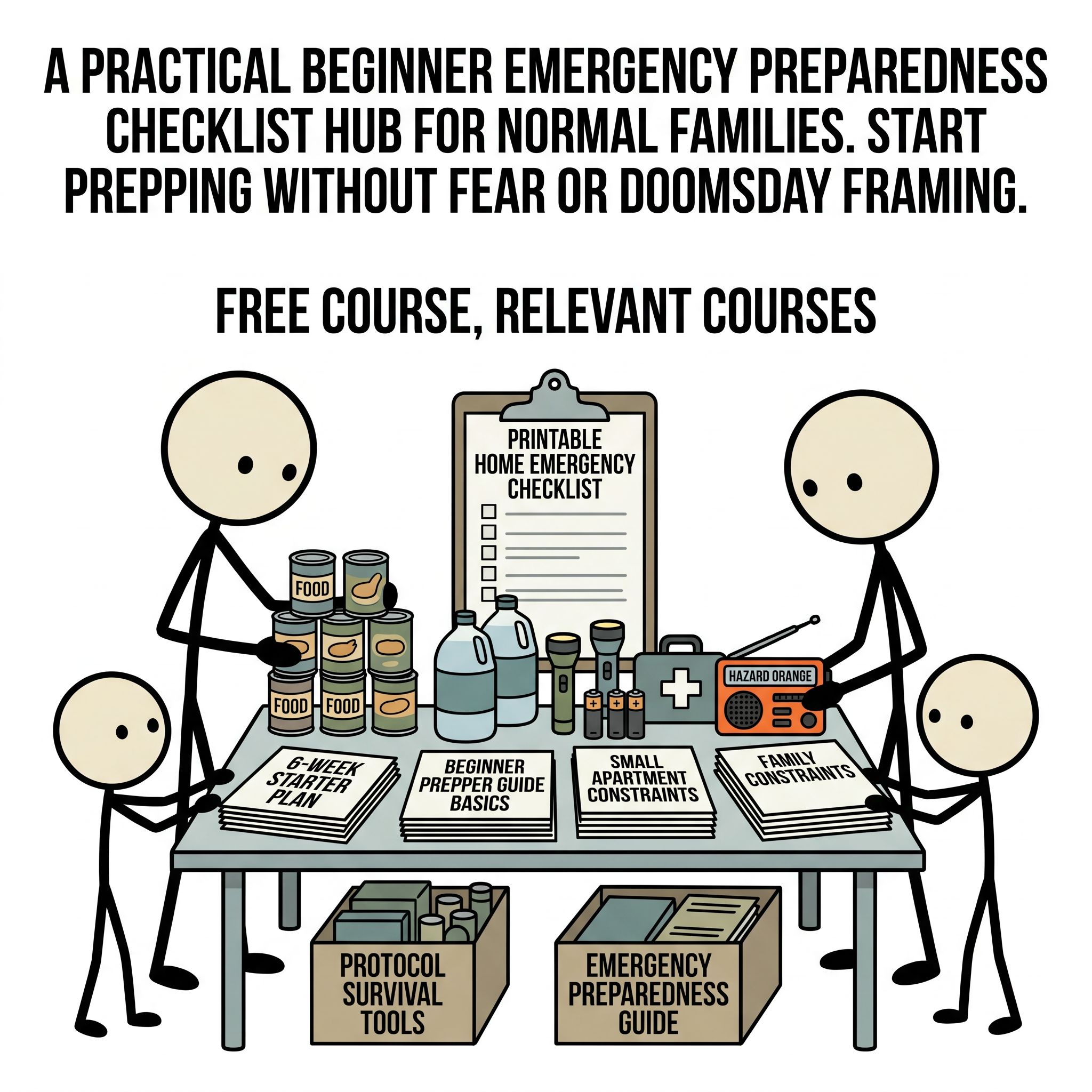 SC-style illustration for A practical beginner emergency preparedness checklist hub for normal families. Explain how to start prepping without fear or fear-based framing. Include a printable home emergency checklist, a 6-week starter plan, beginner prepper guide basics, small apartment and family constraints, and direct next steps into Protocol Survival tools, free course, emergency preparedness guide, and relevant courses.