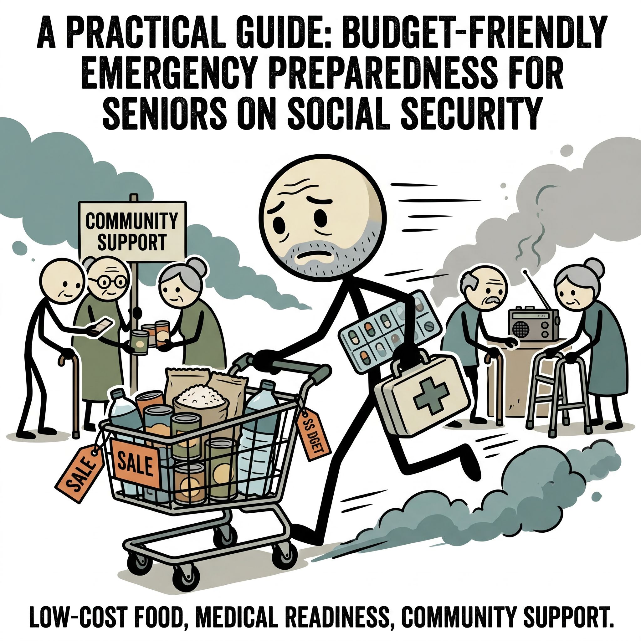 SC-style illustration for A practical guide detailing budget-friendly emergency preparedness strategies tailored specifically for senior citizens living on fixed Social Security incomes, focusing on low-cost food stockpiling, medical readiness, and community support.
