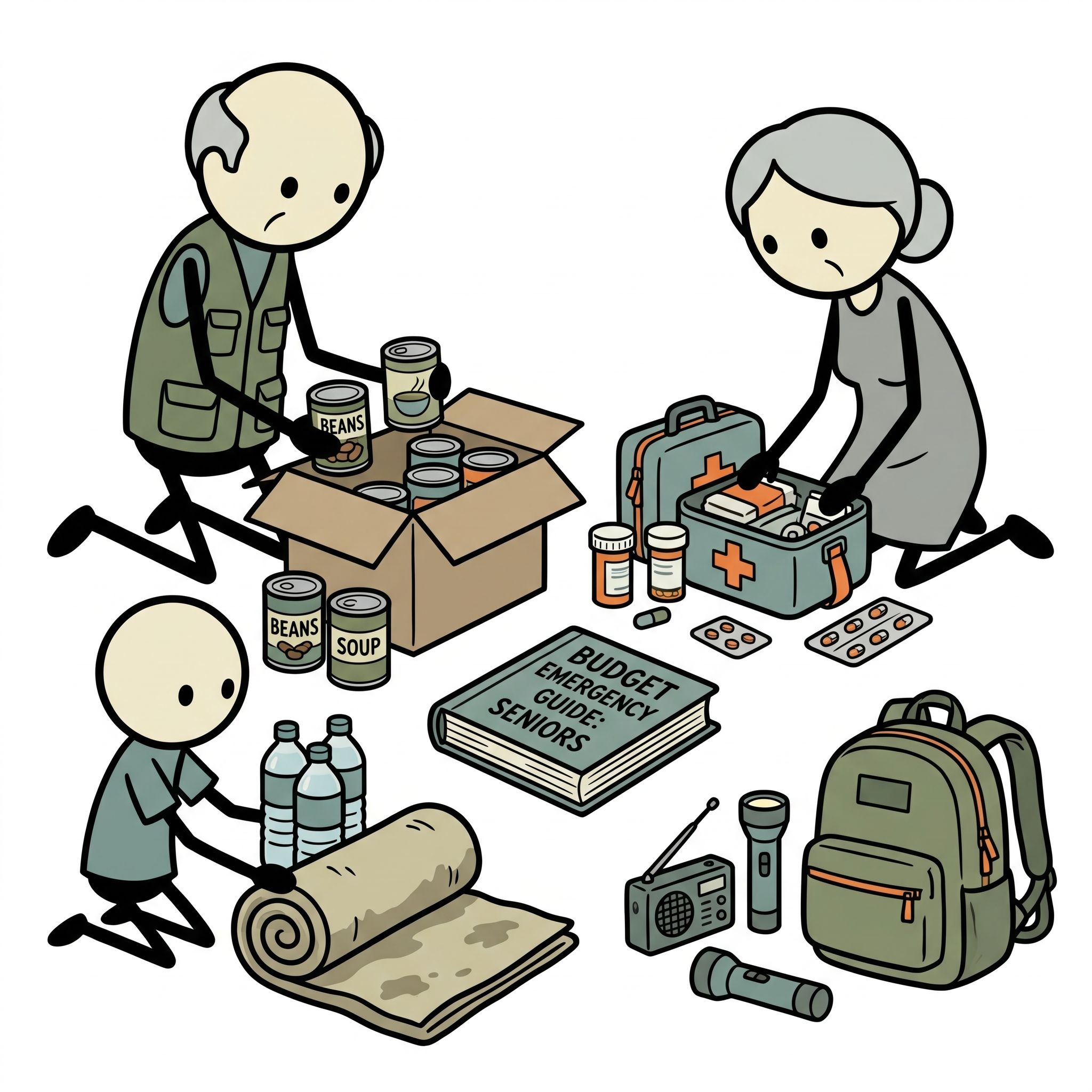 SC-style illustration for A practical guide detailing budget-friendly emergency preparedness strategies tailored specifically for senior citizens living on fixed Social Security incomes, focusing on low-cost food stockpiling, medical readiness, and community support.