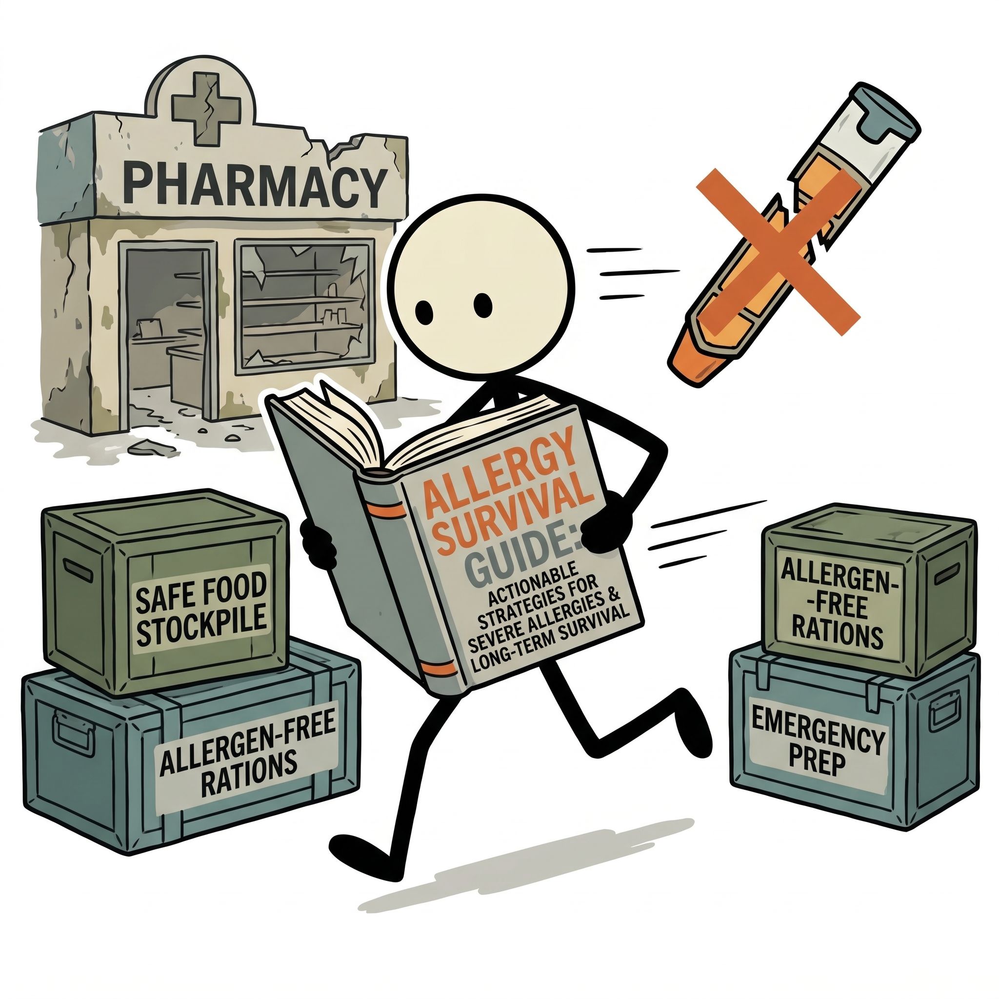 SC-style illustration for This guide provides actionable emergency preparedness and food stockpiling strategies specifically tailored for individuals with severe food allergies, focusing on long-term survival when medical resources like EpiPens are limited or unavailable.