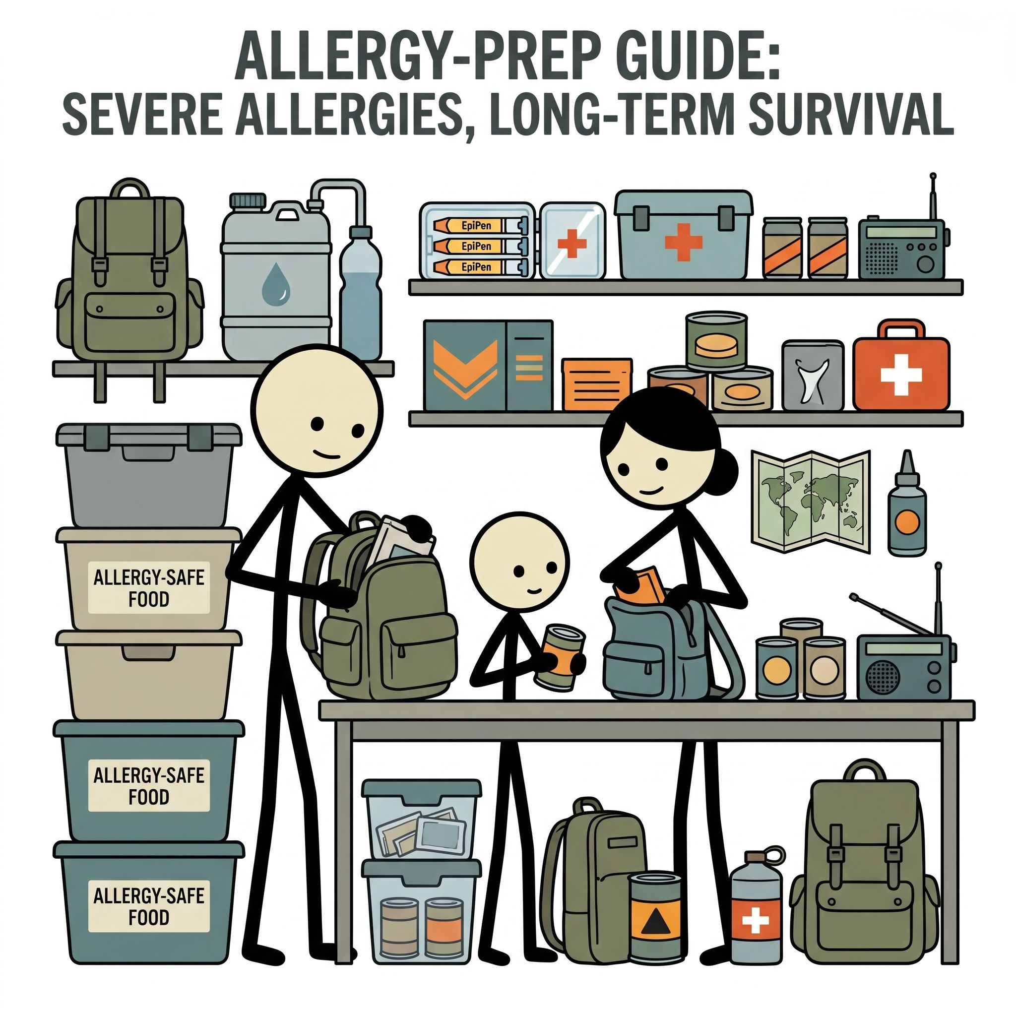 SC-style illustration for This guide provides actionable emergency preparedness and food stockpiling strategies specifically tailored for individuals with severe food allergies, focusing on long-term survival when medical resources like EpiPens are limited or unavailable.