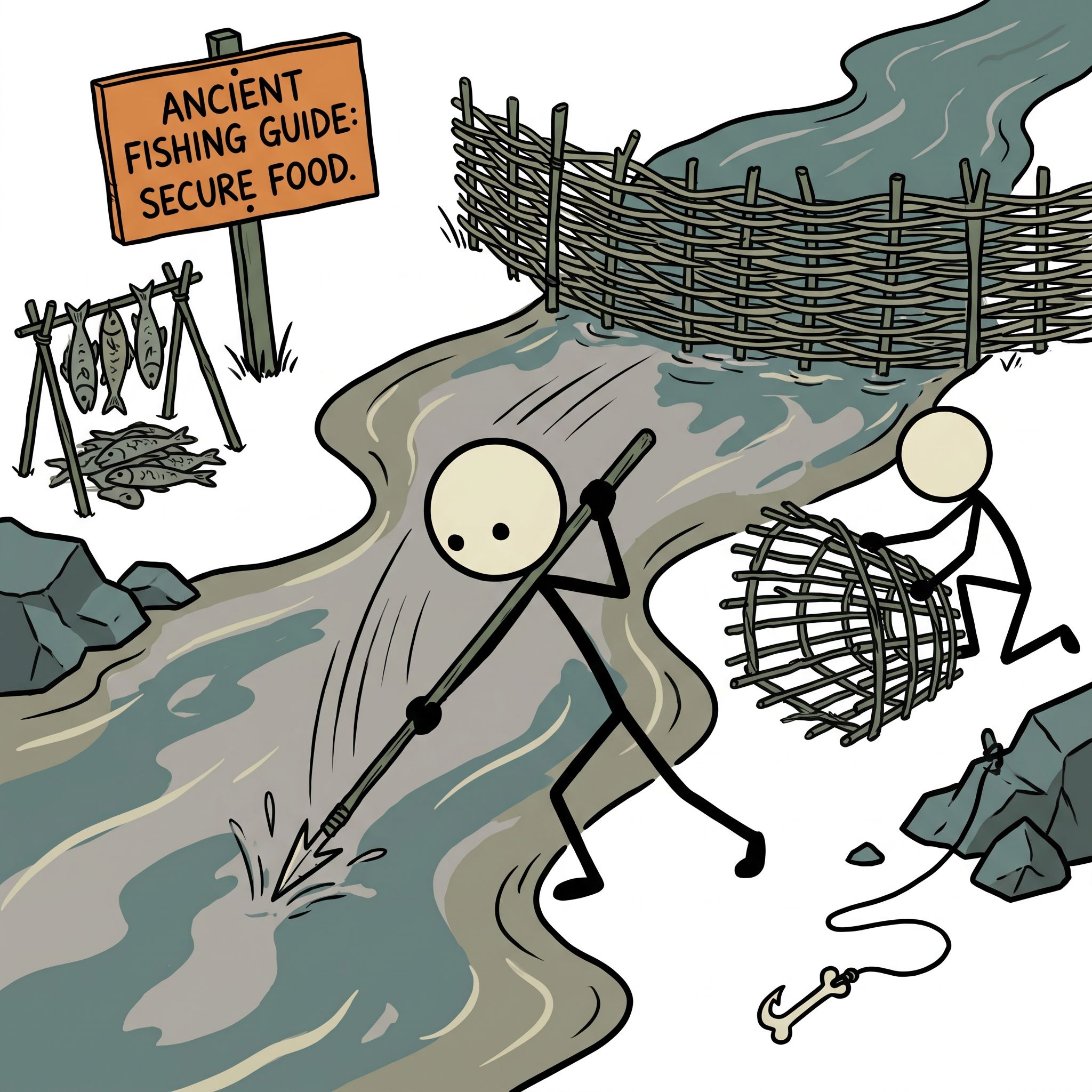 SC-style illustration for A comprehensive emergency preparedness guide focusing on ancient and improvised primitive fishing techniques to secure a sustainable food source in the wild without modern equipment.