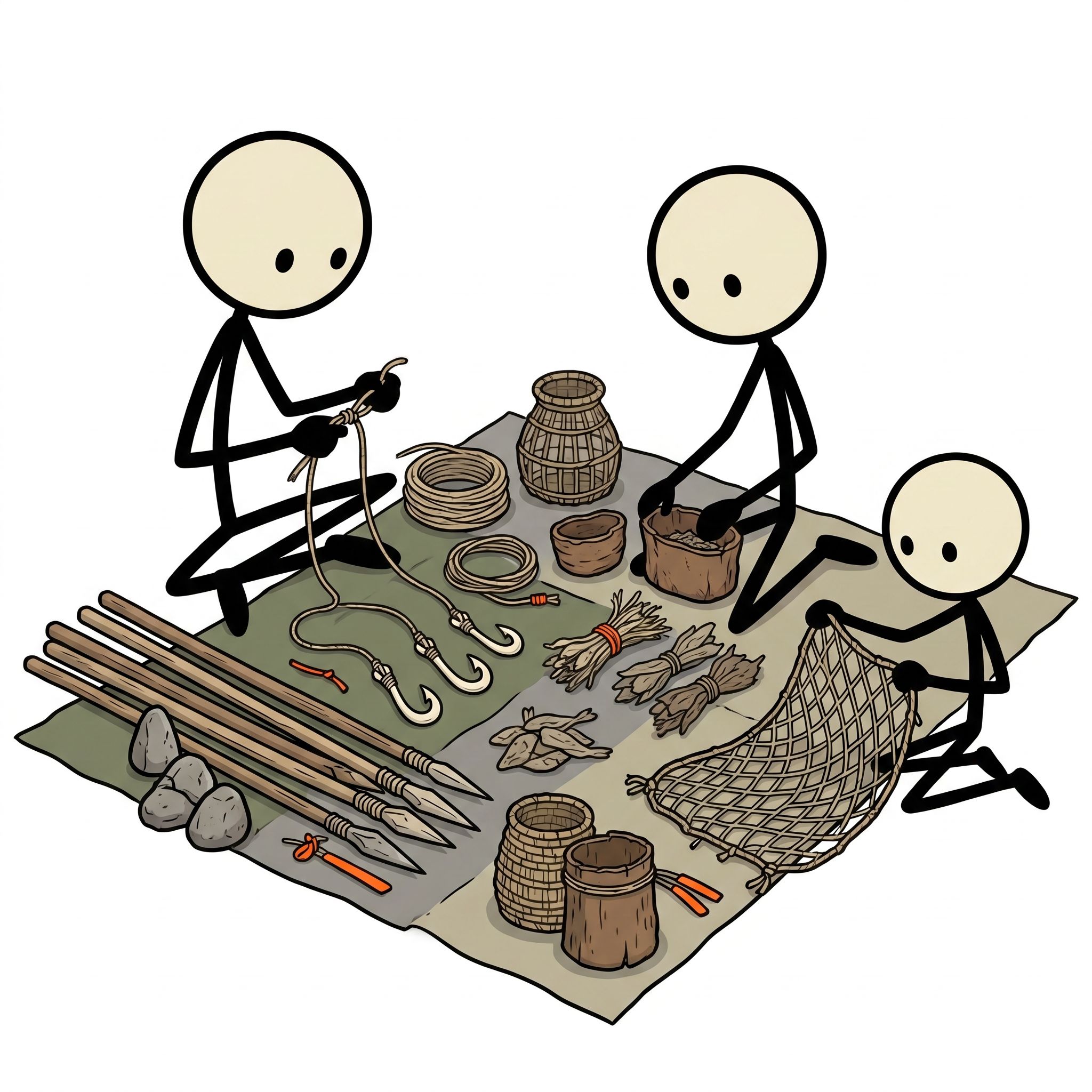 SC-style illustration for A comprehensive emergency preparedness guide focusing on ancient and improvised primitive fishing techniques to secure a sustainable food source in the wild without modern equipment.