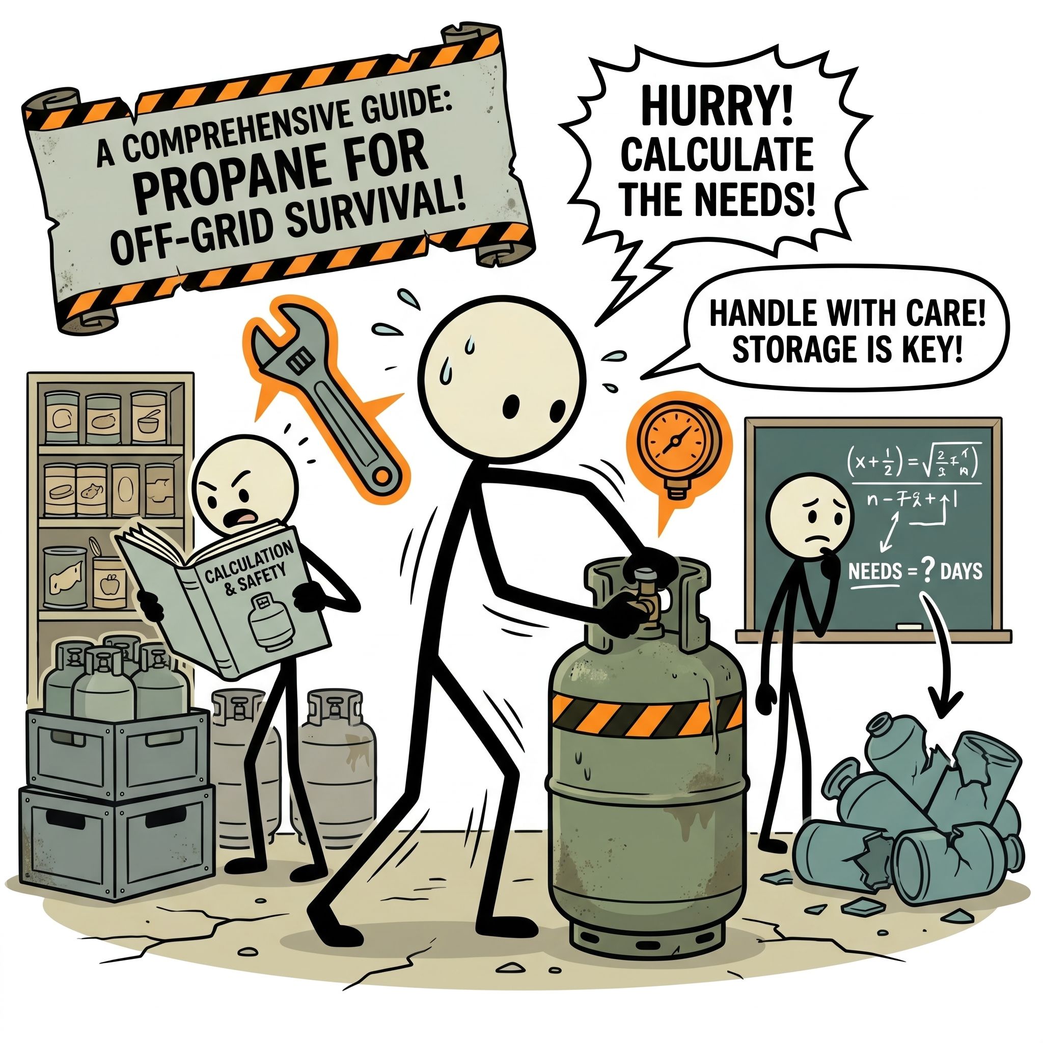 SC-style illustration for A comprehensive guide for preppers on how to safely store, handle, and calculate propane needs for long-term off-grid survival and emergency preparedness.