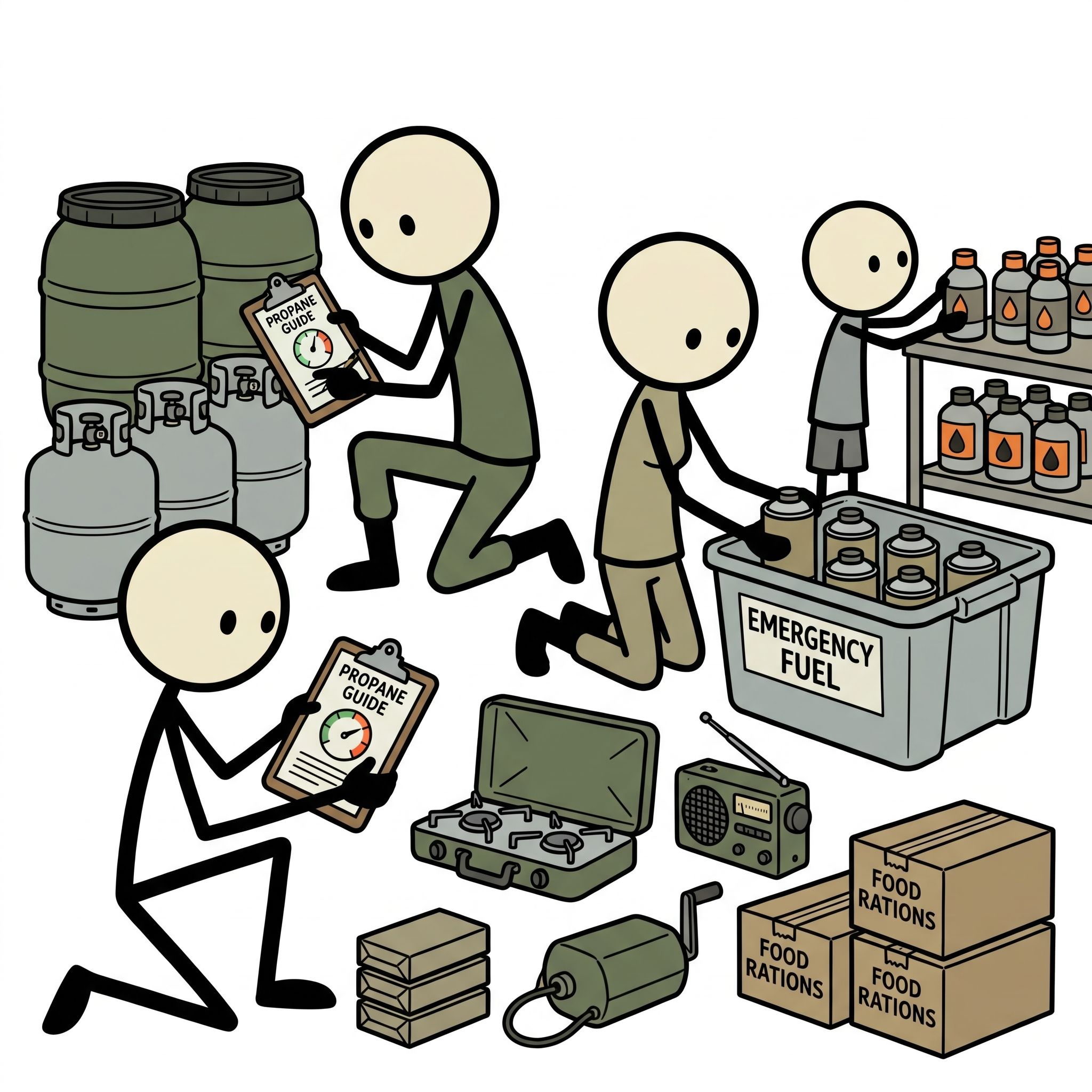 SC-style illustration for A comprehensive guide for preppers on how to safely store, handle, and calculate propane needs for long-term off-grid survival and emergency preparedness.