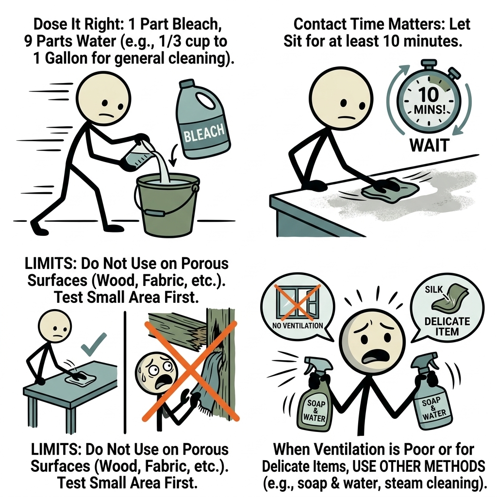 SC-style illustration for Explain unscented household bleach dosing, contact time, limits, and when another method is required.