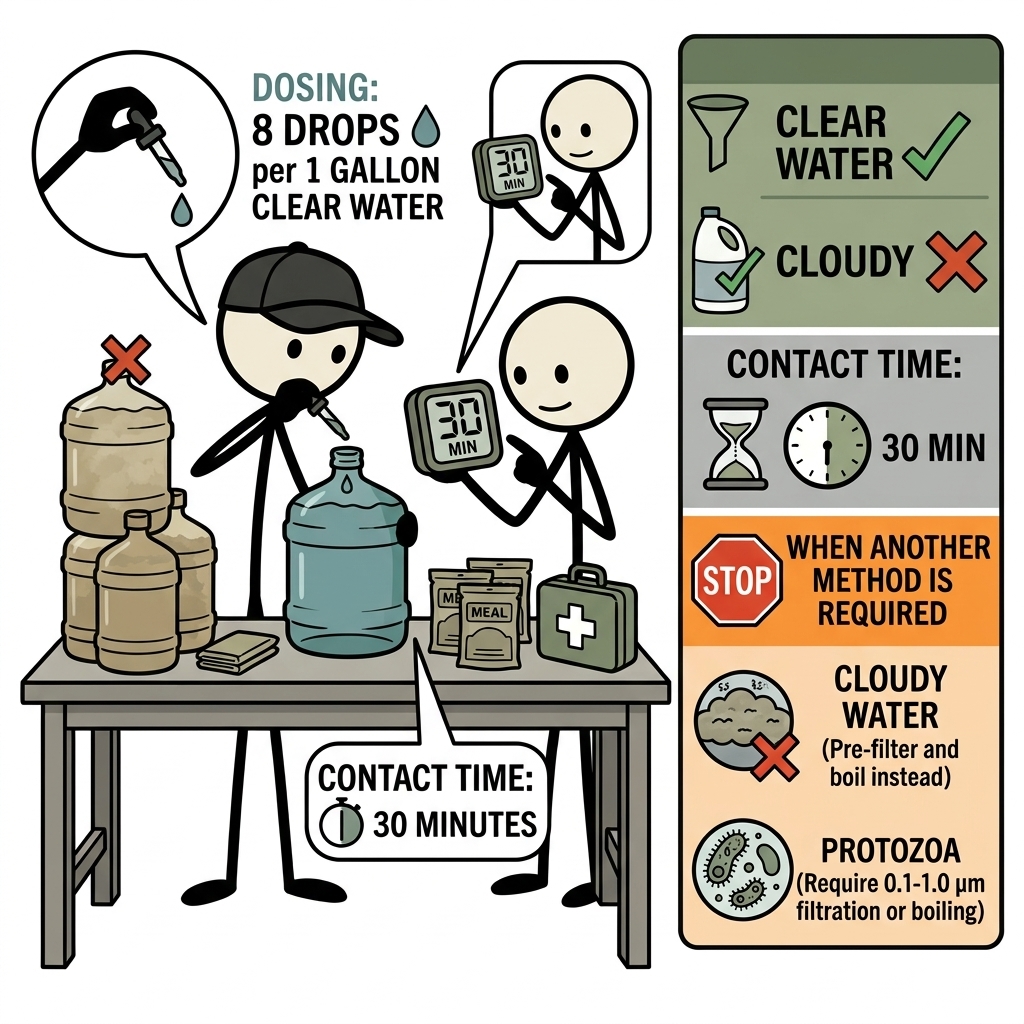 SC-style illustration for Explain unscented household bleach dosing, contact time, limits, and when another method is required.