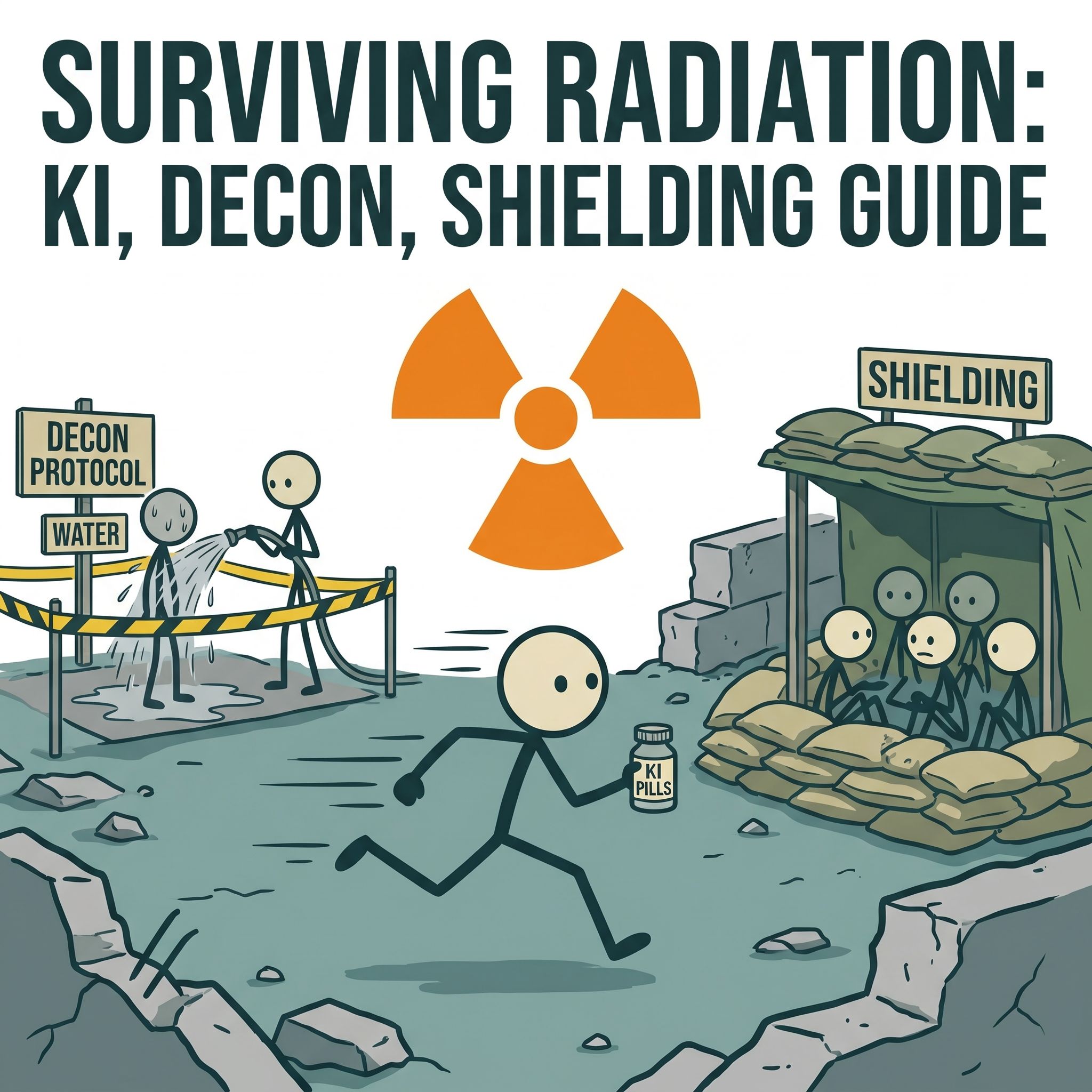 SC-style illustration for This post provides a realistic, science-based guide to surviving radiation exposure by explaining the proper use of potassium iodide (KI) pills, effective decontamination protocols, and practical shielding methods.
