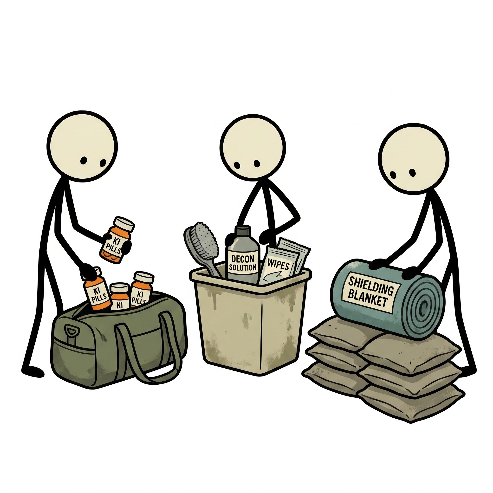 SC-style illustration for This post provides a realistic, science-based guide to surviving radiation exposure by explaining the proper use of potassium iodide (KI) pills, effective decontamination protocols, and practical shielding methods.
