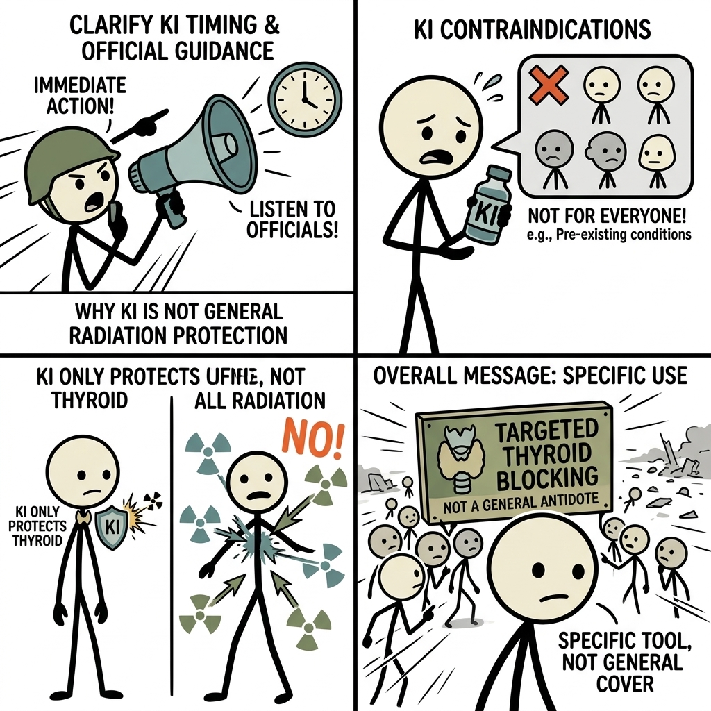 SC-style illustration for Clarify KI timing, contraindications, official guidance, and why it is not general radiation protection.