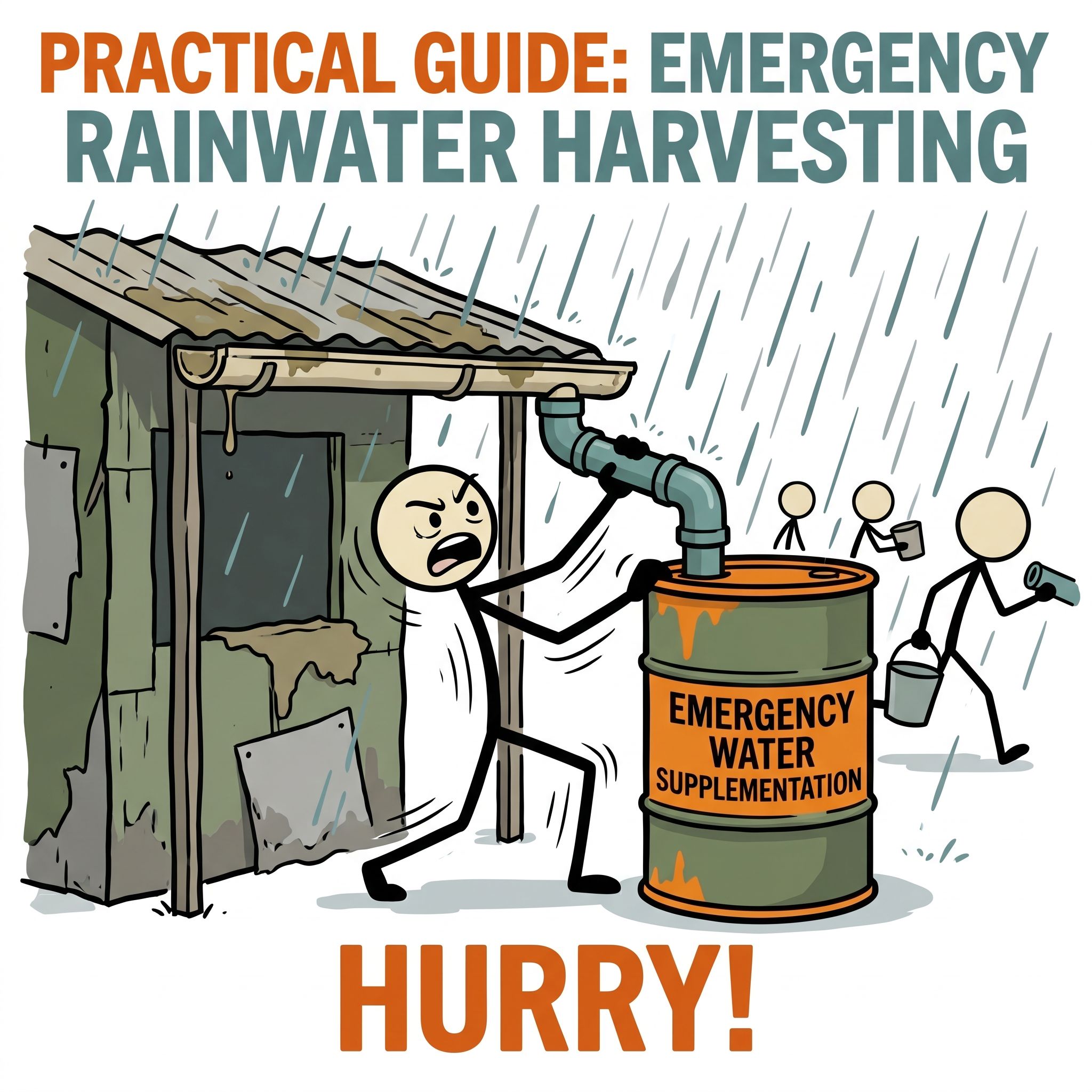 SC-style illustration for Practical guide to setting up a rainwater harvesting system for emergency water supplementation