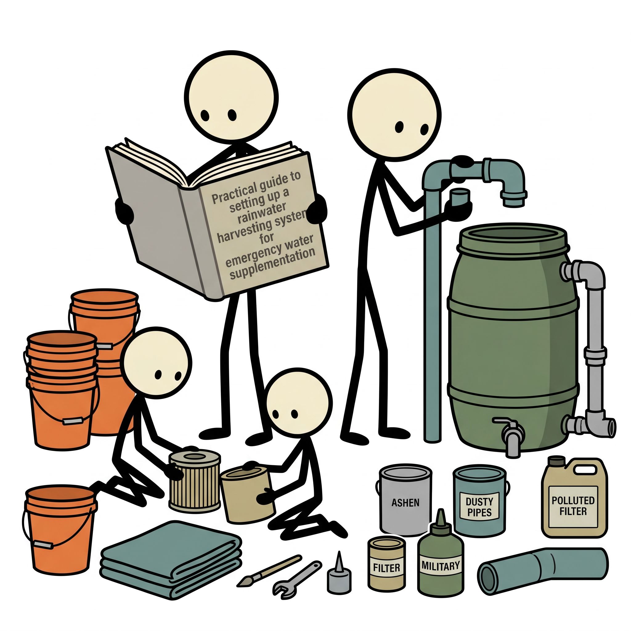 SC-style illustration for Practical guide to setting up a rainwater harvesting system for emergency water supplementation