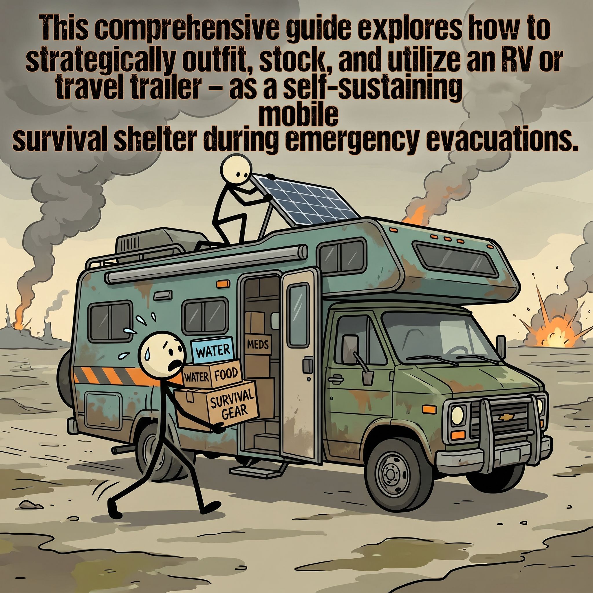 SC-style illustration for This comprehensive guide explores how to strategically outfit, stock, and utilize an RV or travel trailer as a self-sustaining mobile survival shelter during emergency evacuations.