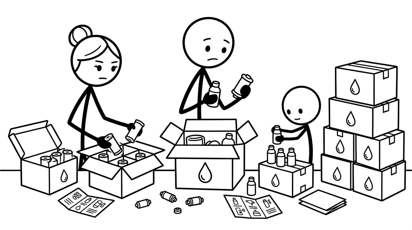 Family preparing water filtration supplies for emergencies