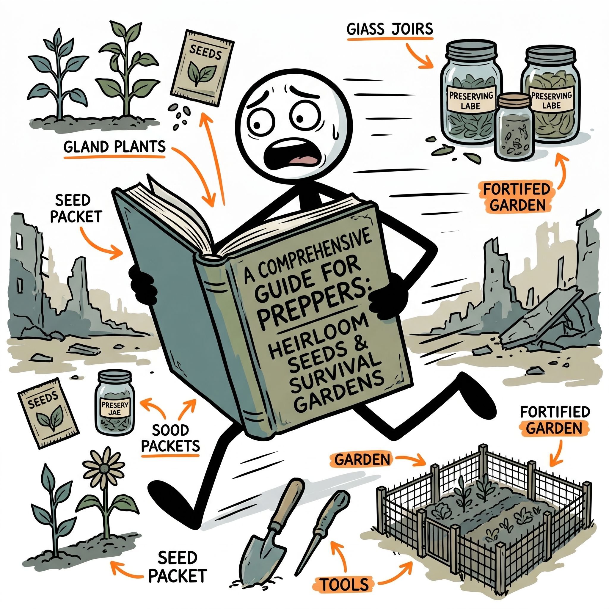 SC-style illustration for A comprehensive guide for preppers on selecting, harvesting, and preserving heirloom seeds to build a self-sustaining survival garden that ensures long-term food security during extended crises.