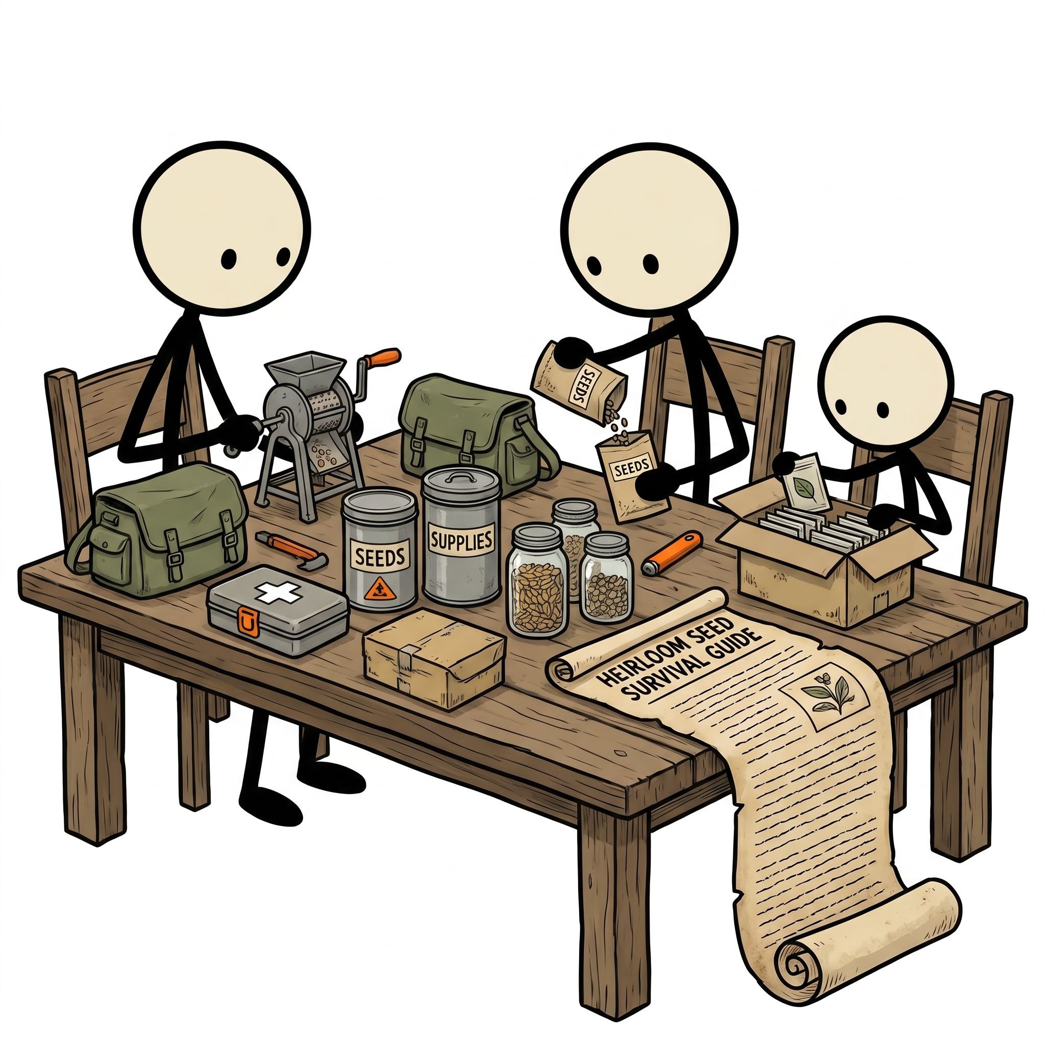 SC-style illustration for A comprehensive guide for preppers on selecting, harvesting, and preserving heirloom seeds to build a self-sustaining survival garden that ensures long-term food security during extended crises.