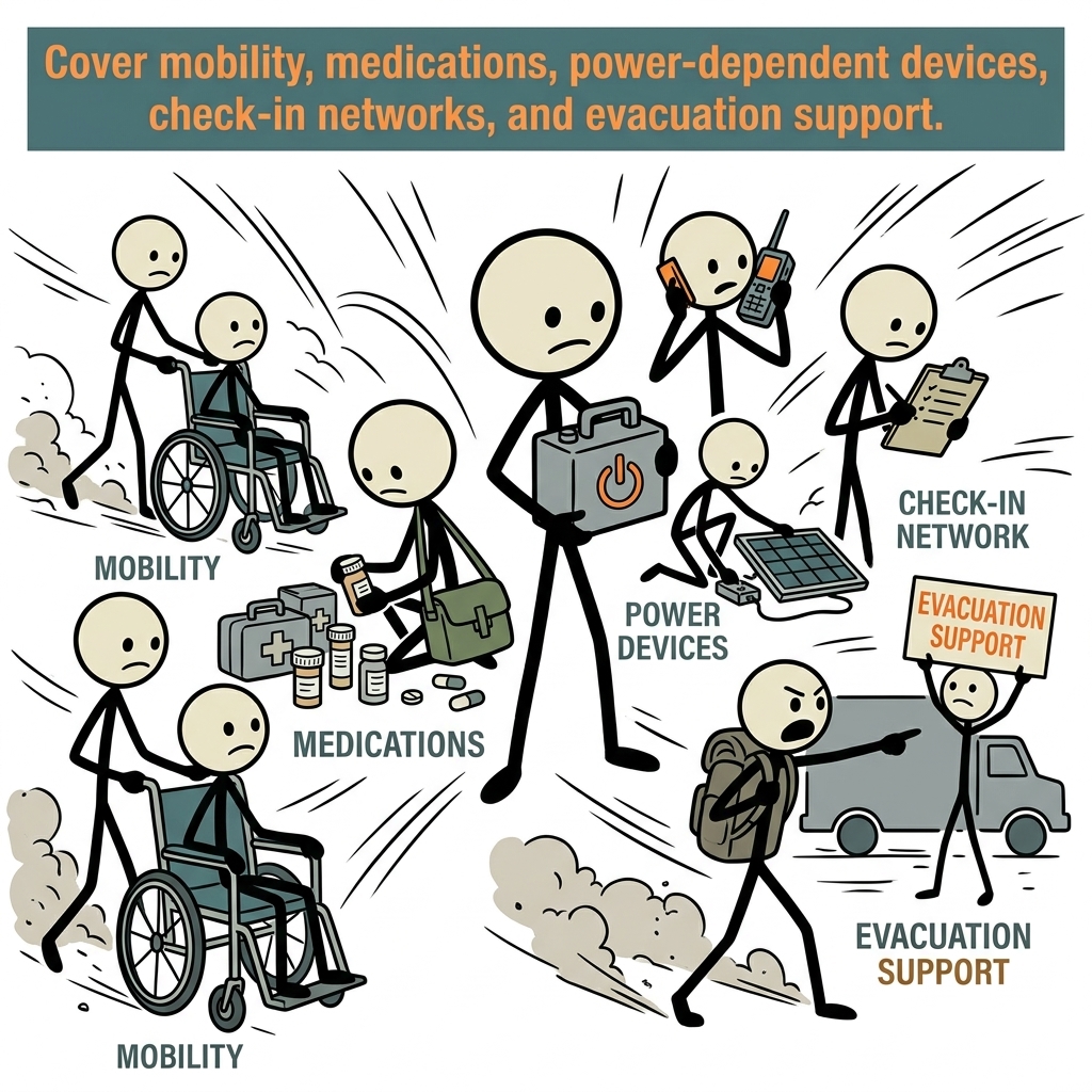 SC-style illustration for Cover mobility, medications, power-dependent devices, check-in networks, and evacuation support.