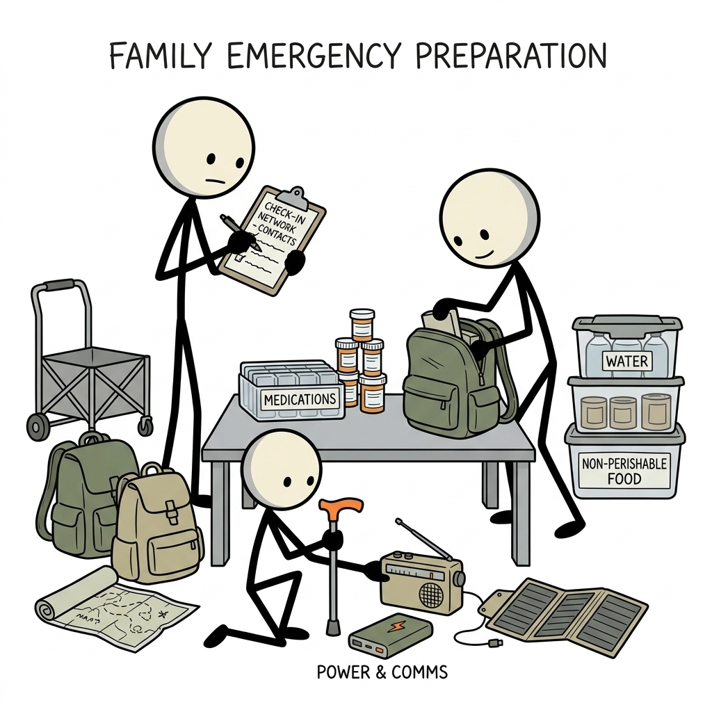 SC-style illustration for Cover mobility, medications, power-dependent devices, check-in networks, and evacuation support.