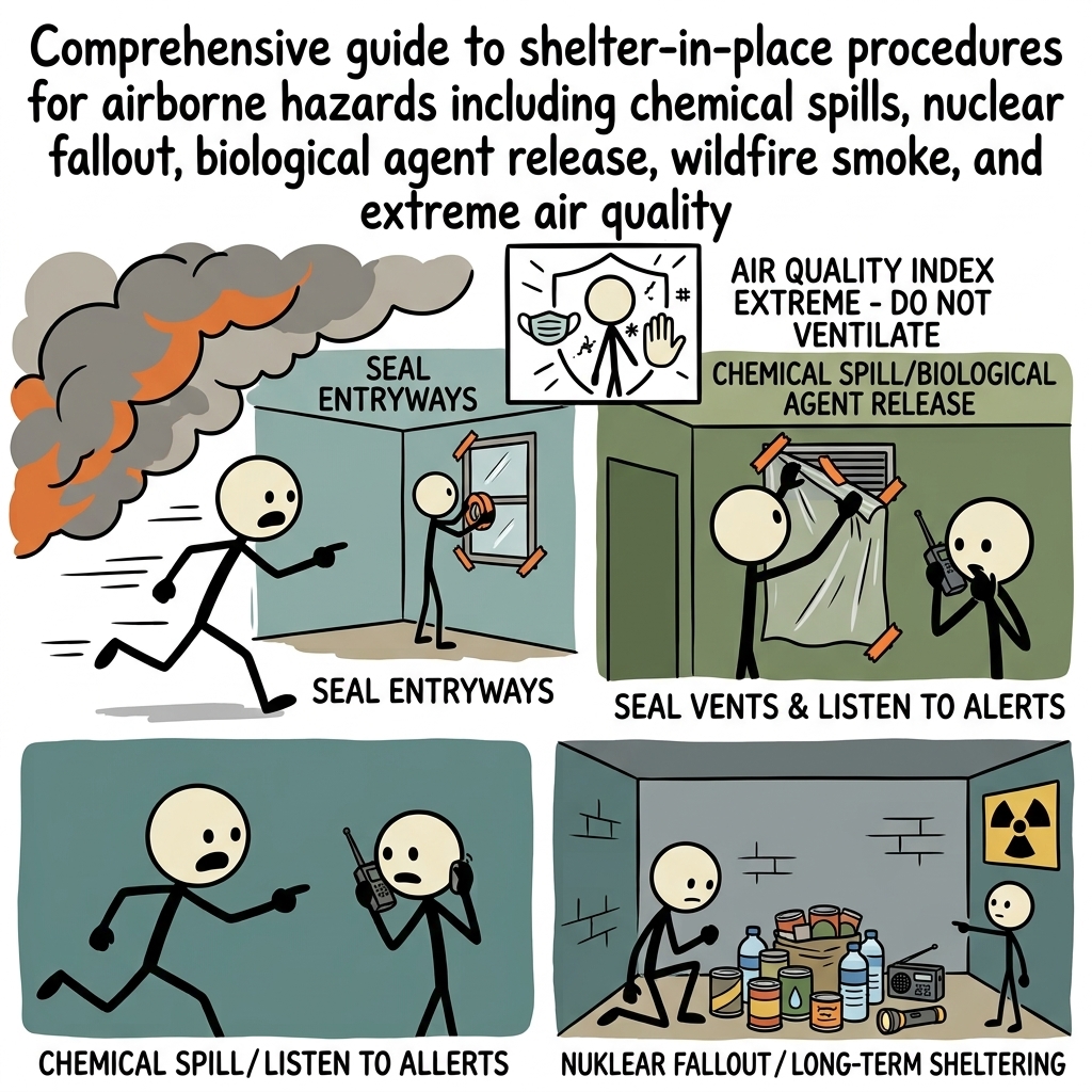 SC-style illustration for Comprehensive guide to shelter-in-place procedures for airborne hazards including chemical spills, nuclear fallout, biological agent release, wildfire smoke, and extreme air quality