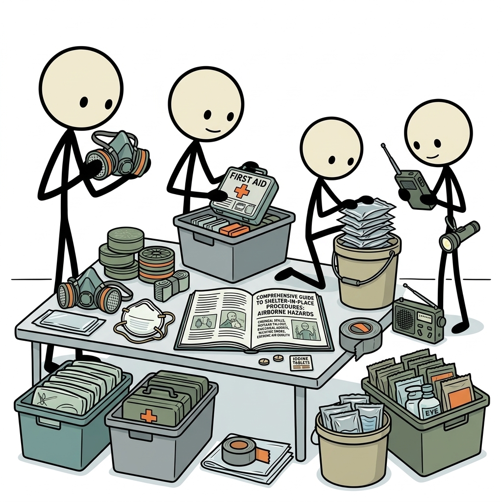 SC-style illustration for Comprehensive guide to shelter-in-place procedures for airborne hazards including chemical spills, nuclear fallout, biological agent release, wildfire smoke, and extreme air quality