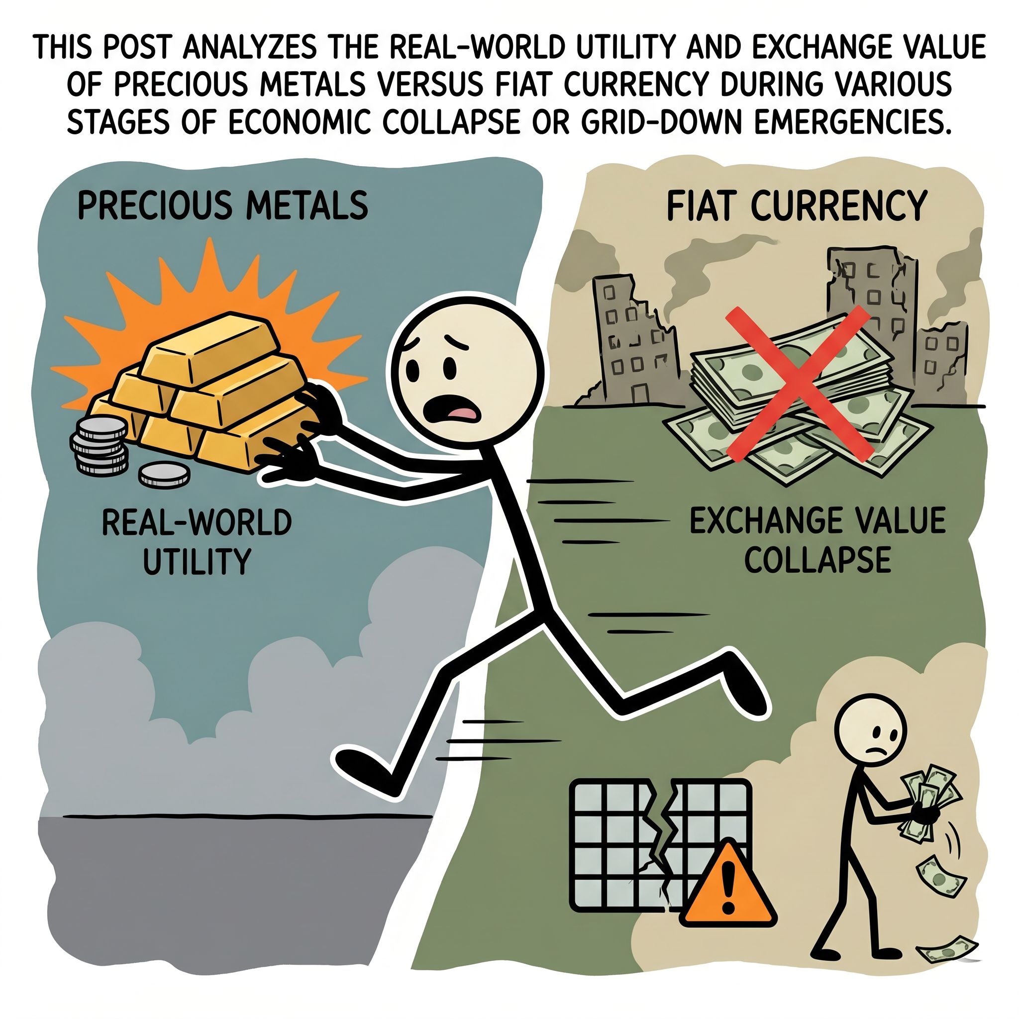 SC-style illustration for This post analyzes the real-world utility and exchange value of precious metals versus fiat currency during various stages of economic collapse or grid-down emergencies.