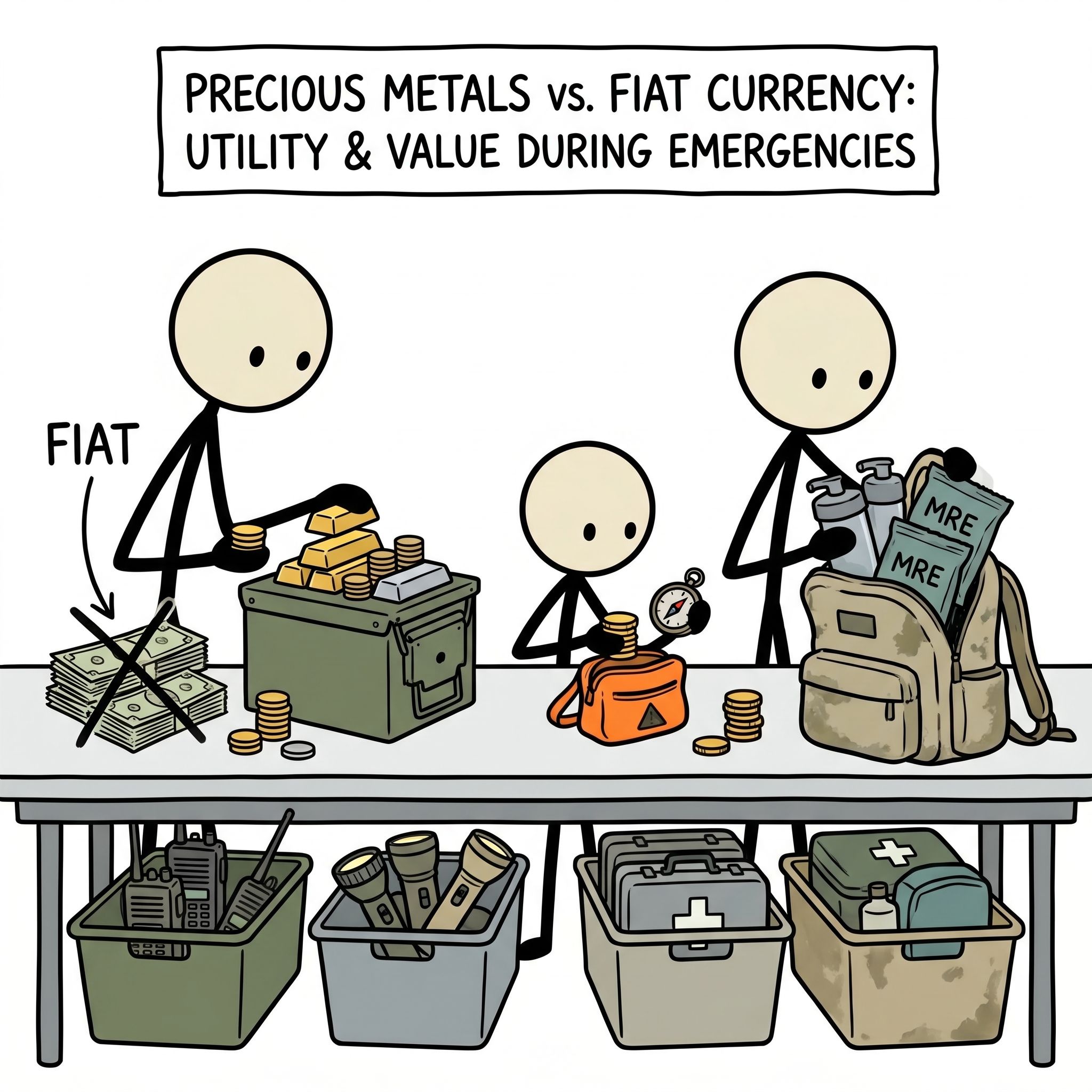 SC-style illustration for This post analyzes the real-world utility and exchange value of precious metals versus fiat currency during various stages of economic collapse or grid-down emergencies.