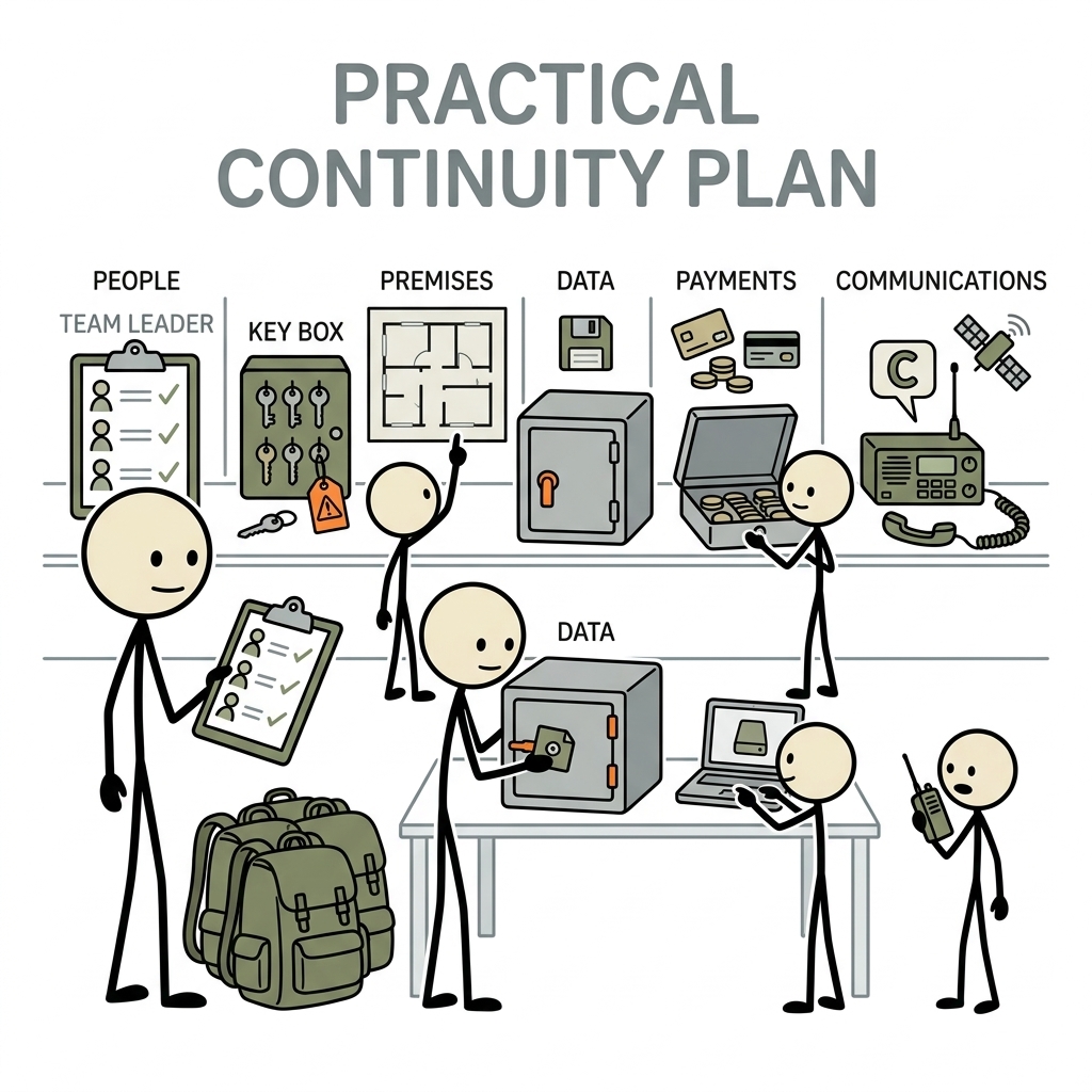 SC-style illustration for Give small teams a practical continuity plan for people, premises, data, payments, and communications.