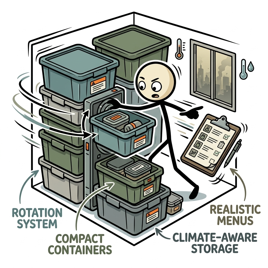 SC-style illustration for Use rotation, compact containers, realistic menus, and climate-aware storage in apartments and small homes.