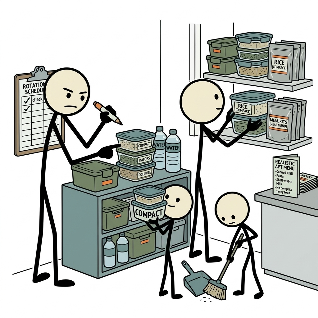 SC-style illustration for Use rotation, compact containers, realistic menus, and climate-aware storage in apartments and small homes.