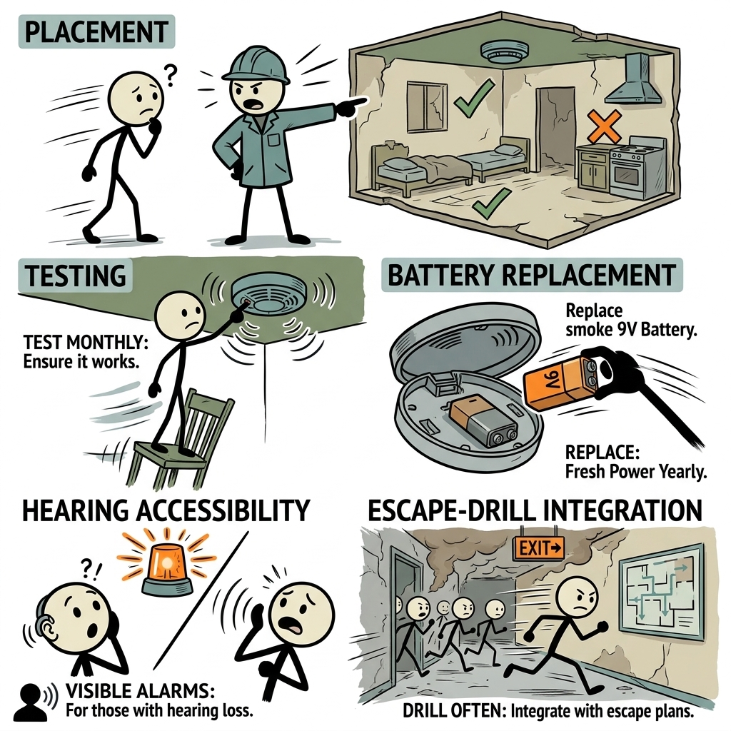 SC-style illustration for Explain placement, testing, battery replacement, hearing accessibility, and escape-drill integration.
