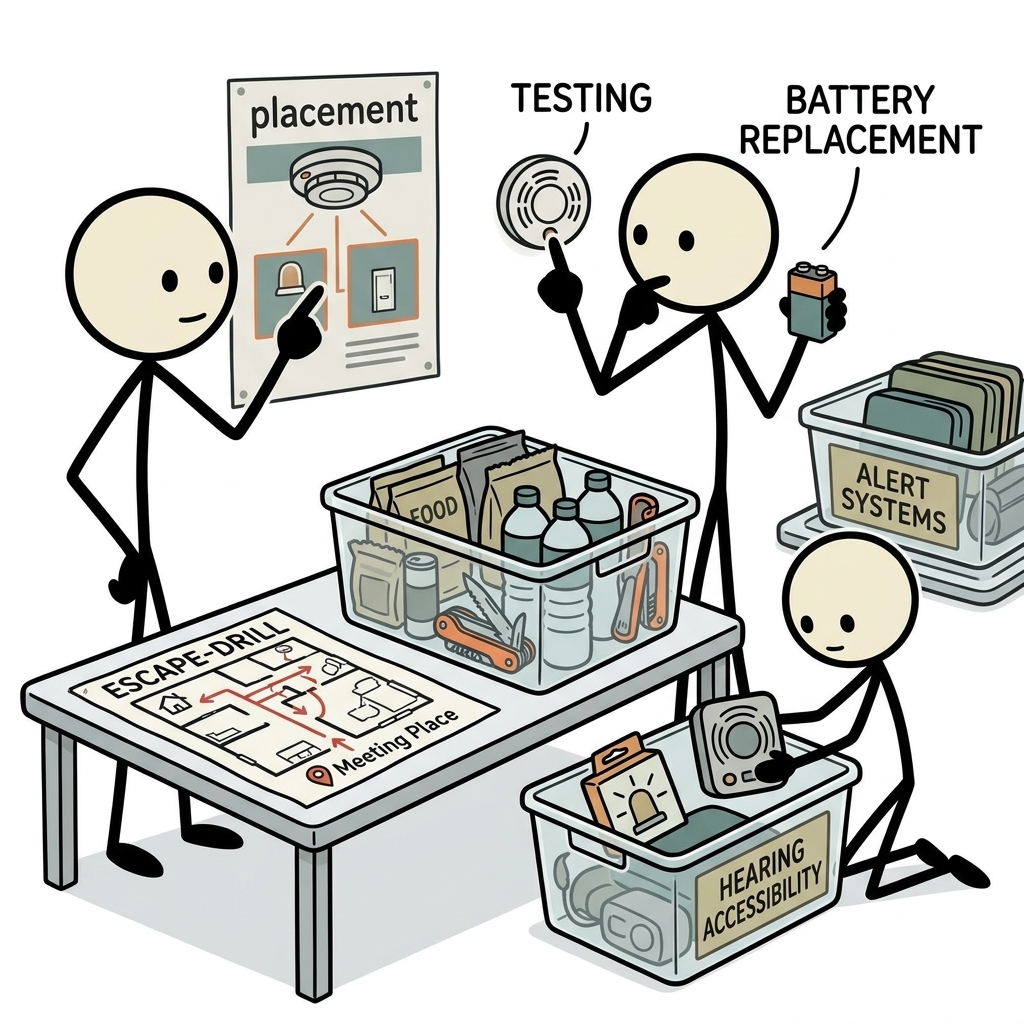 SC-style illustration for Explain placement, testing, battery replacement, hearing accessibility, and escape-drill integration.