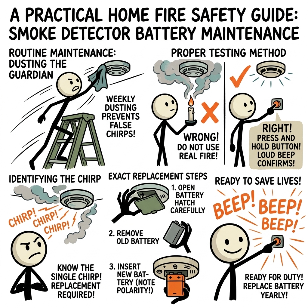 SC-style illustration for A practical home fire safety guide detailing routine maintenance, proper testing methods, and exact replacement steps for smoke detector batteries to eliminate false chirps and ensure life-saving readiness.